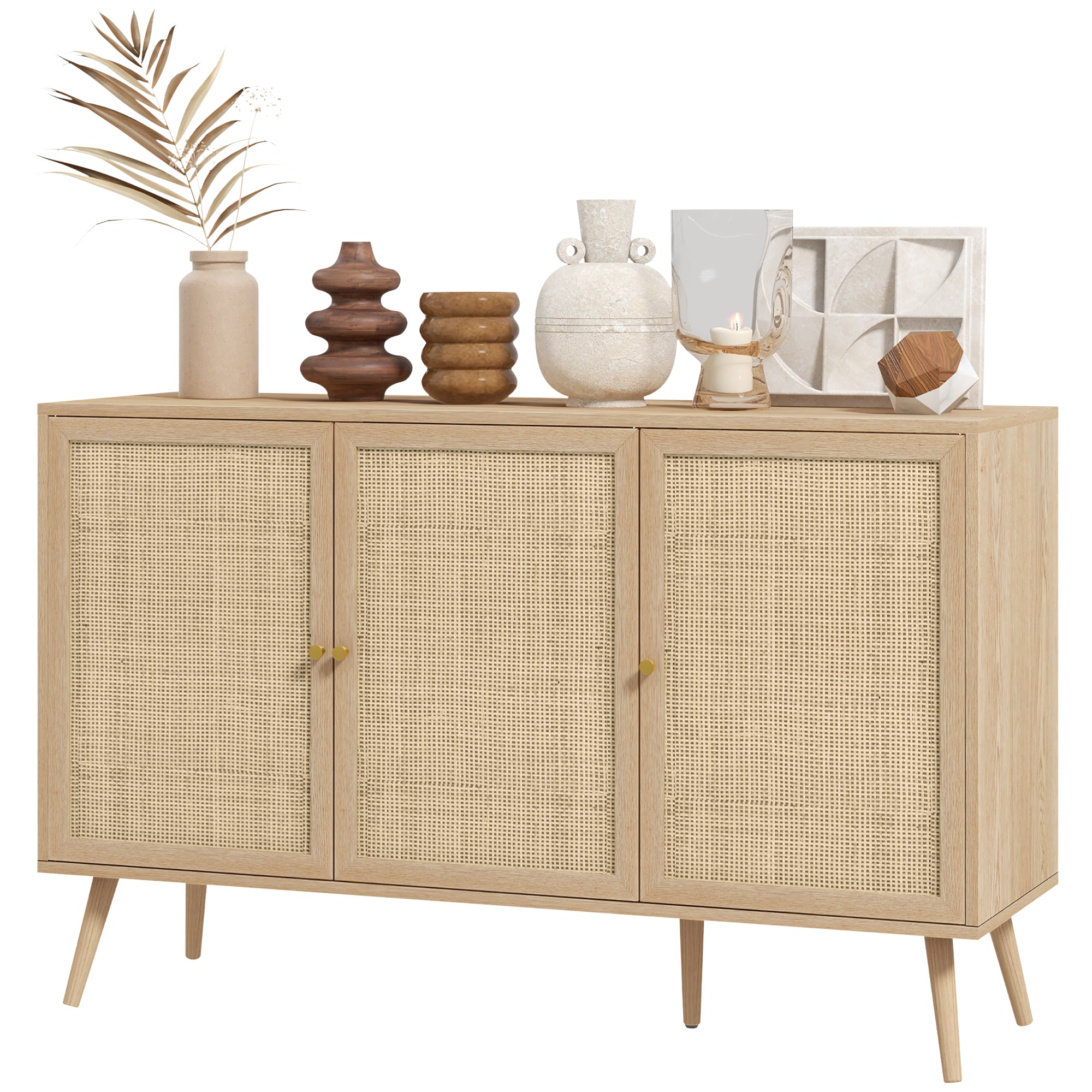 HOMCOM Sideboard Buffet Cabinet, Boho Kitchen Storage Cabinet with Shelves, Wood Legs, Decorative Rattan Doors, Natural