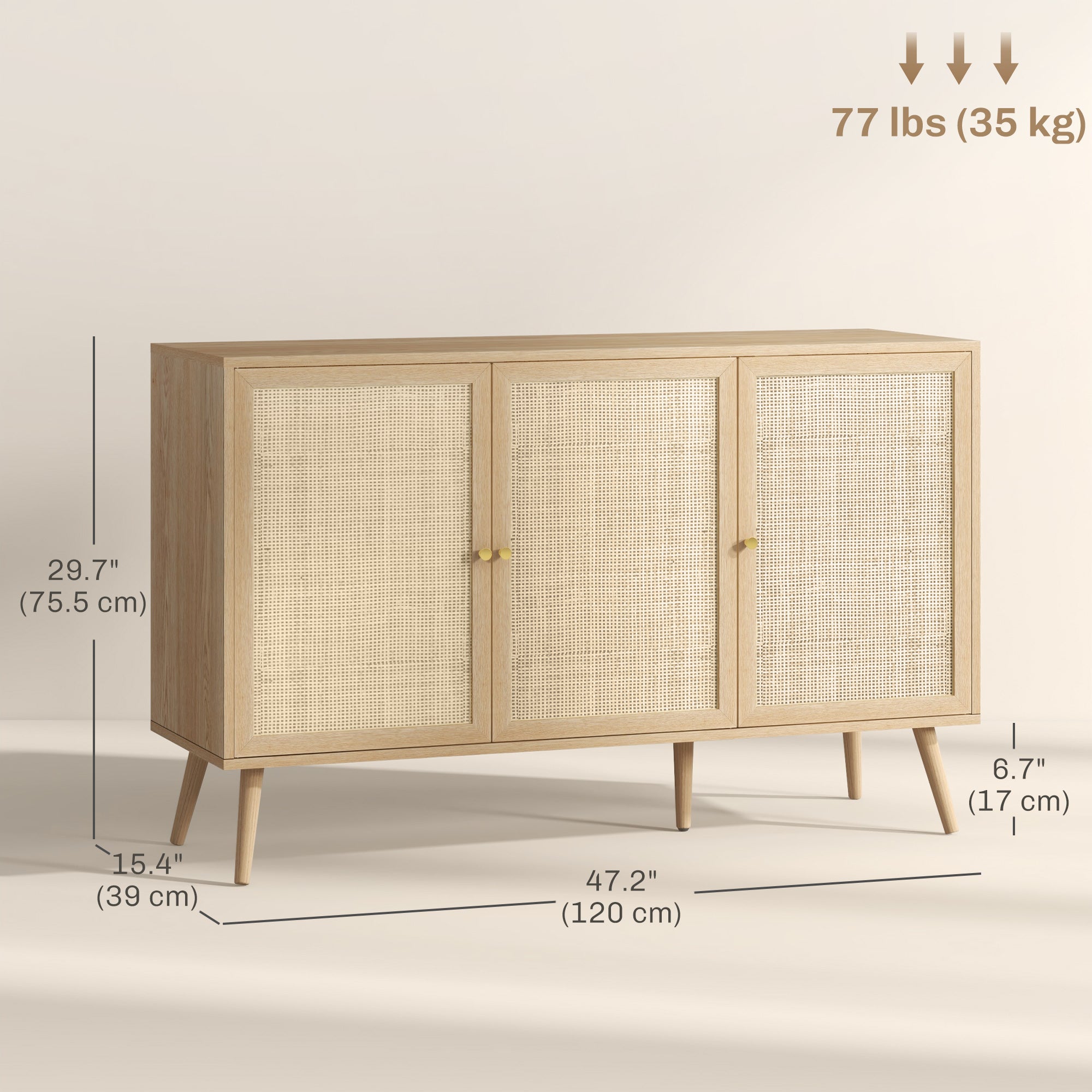 HOMCOM Sideboard Buffet Cabinet, Boho Kitchen Storage Cabinet with Shelves, Wood Legs, Decorative Rattan Doors, Natural