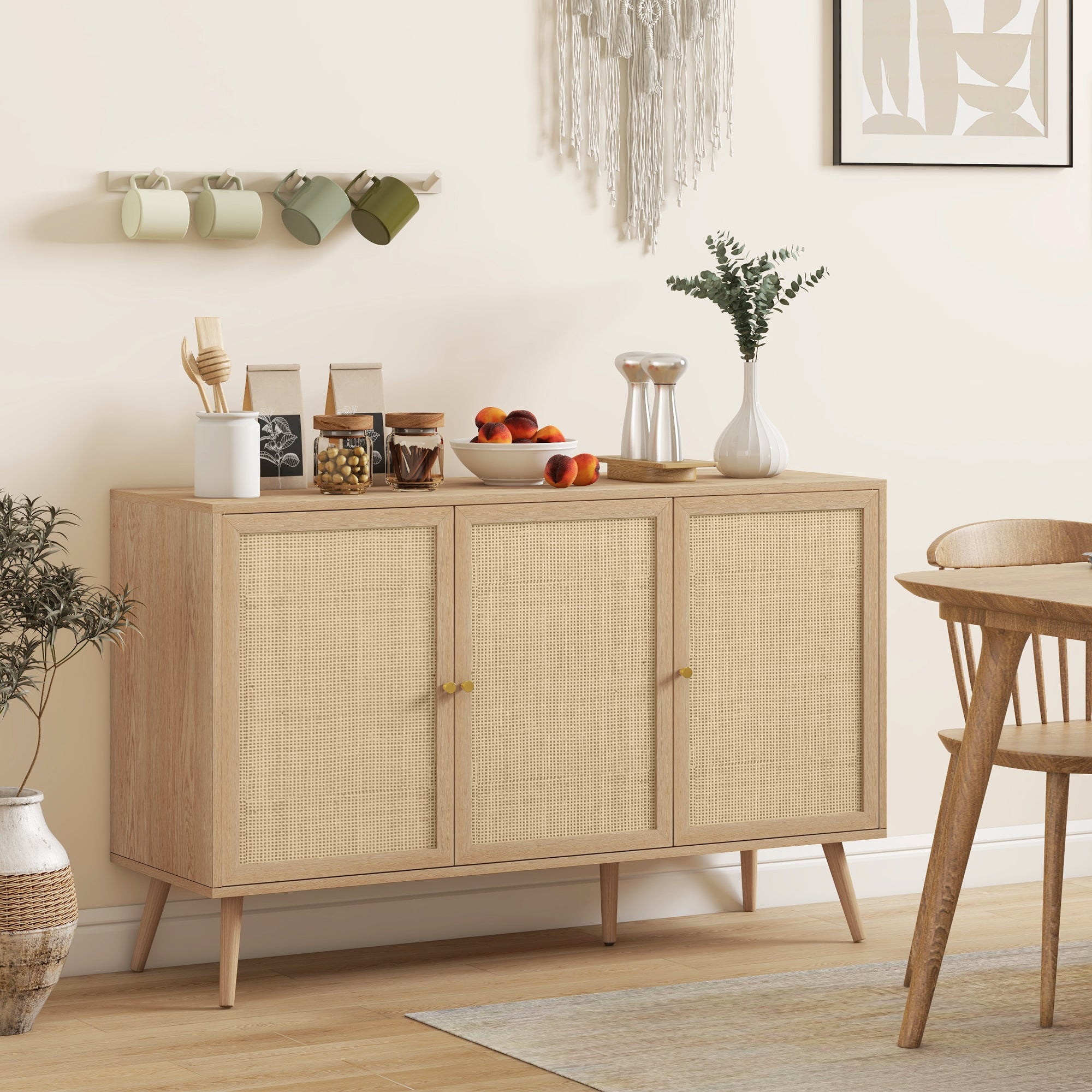 HOMCOM Sideboard Buffet Cabinet, Boho Kitchen Storage Cabinet with Shelves, Wood Legs, Decorative Rattan Doors, Natural