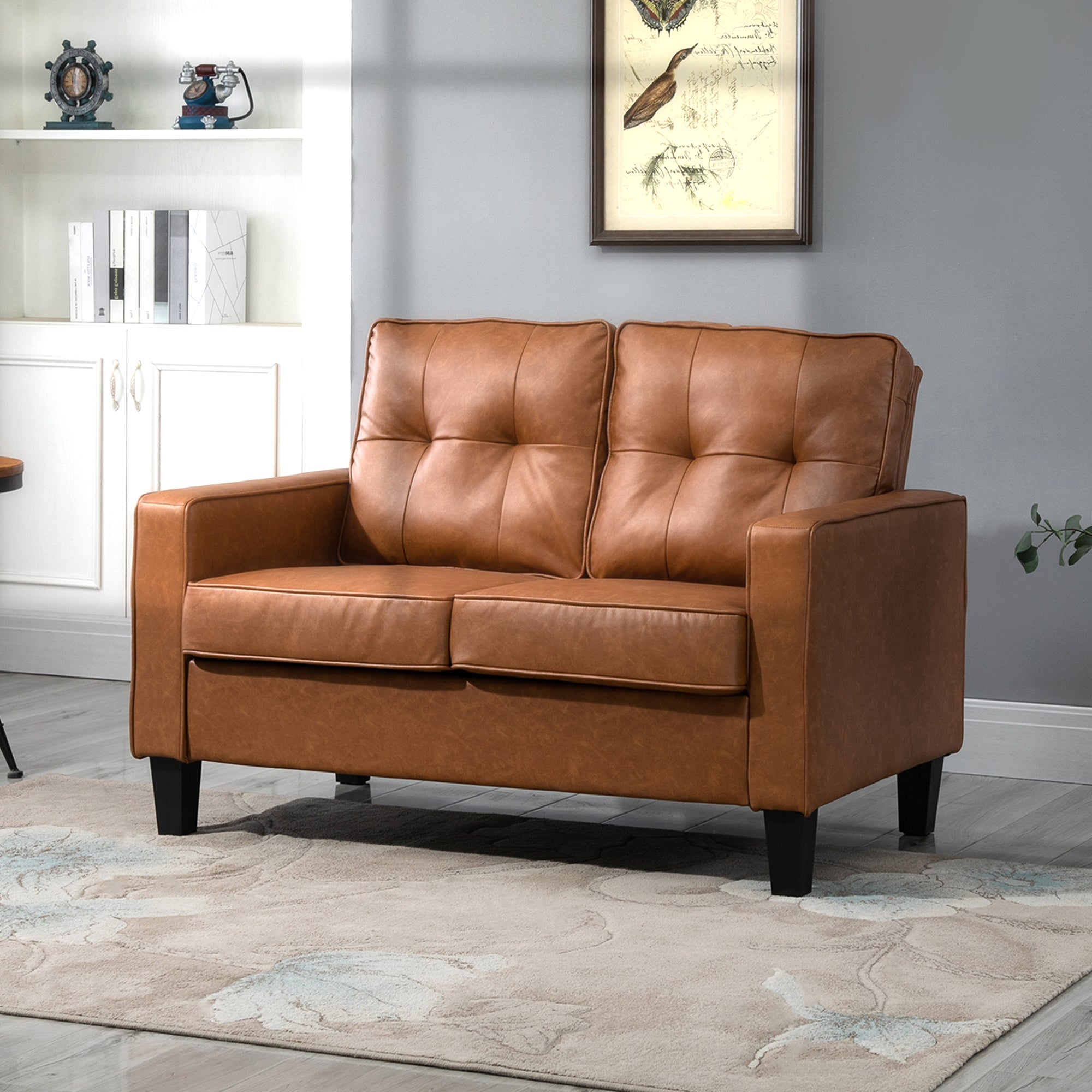 51" Wide Loveseat with Armrest, 2-Seater Tufted PU Leather Double Sofa, Brown