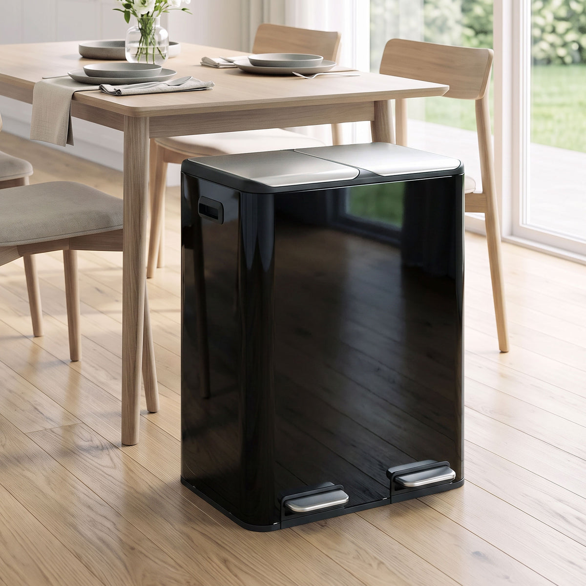 2 x 30L Double Kitchen Bin, Stainless Steel Pedal Rubbish Bin with Dual Compartments, Soft Close & Stay-Open Lids, Removable Inner Buckets for Kitchen, Home, Office, Recycling, High Gloss Black