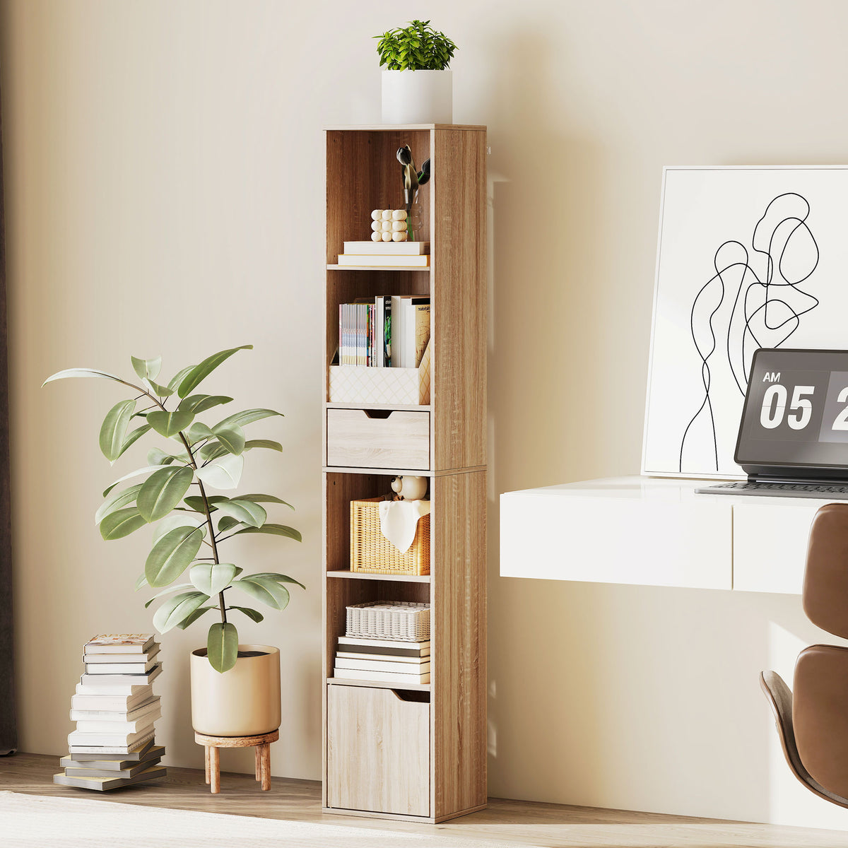 6-Tier Bookcase, Tall Narrow Bookshelf with Drawer, Door, Adjustable Shelf, Modern Display Standing Shelving Unit for Living Room, Home Office, Bedroom, 30 x 24 x 158 cm, Natural Wood Finish