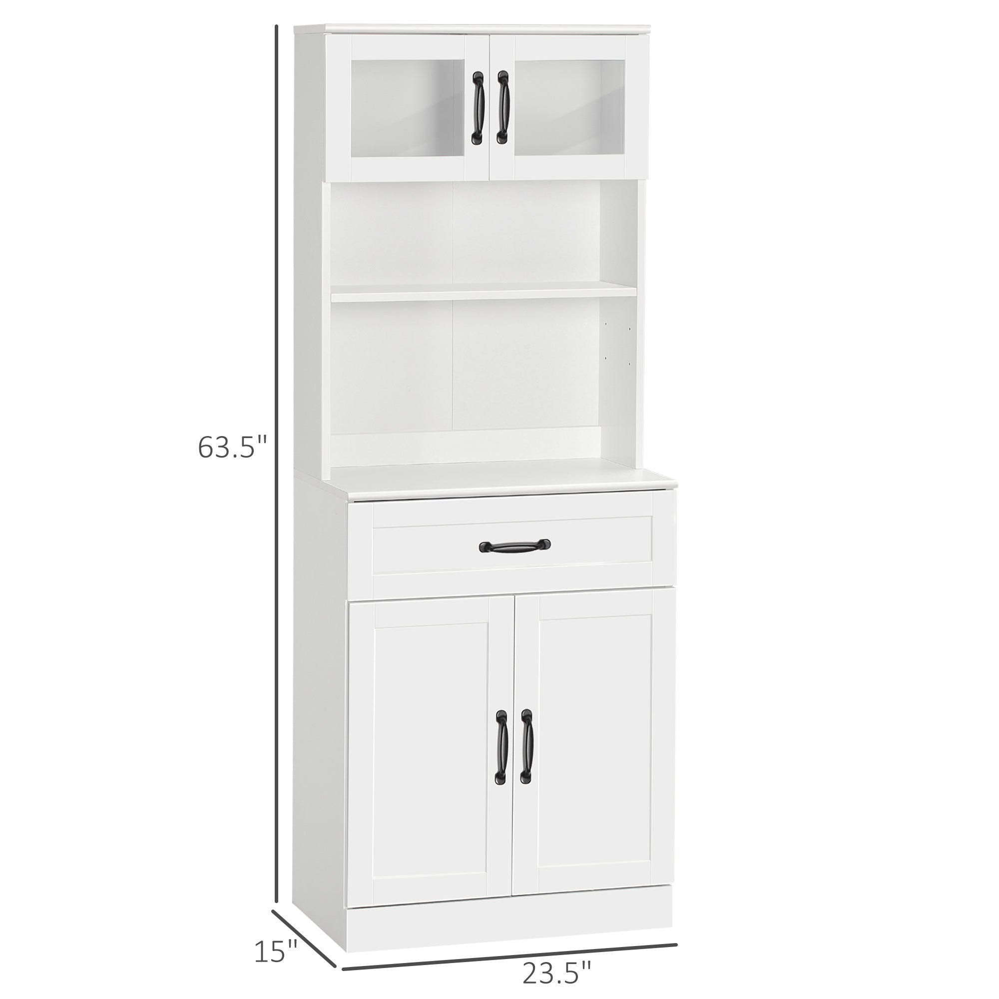 Freestanding Kitchen Pantry 4 Door Buffet Cabinet with Hutch 63.5 Inches White