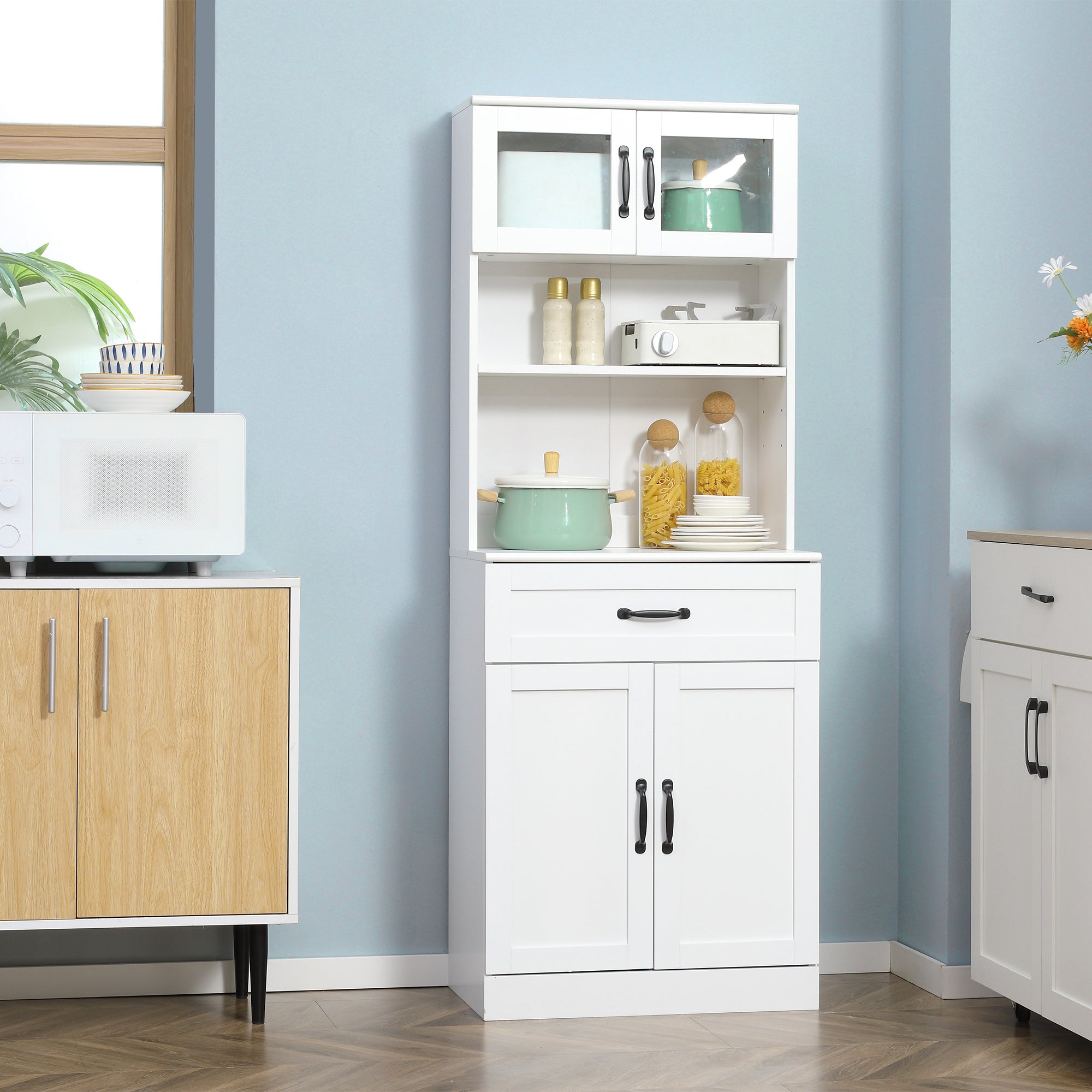 Freestanding Kitchen Pantry 4 Door Buffet Cabinet with Hutch 63.5 Inches White