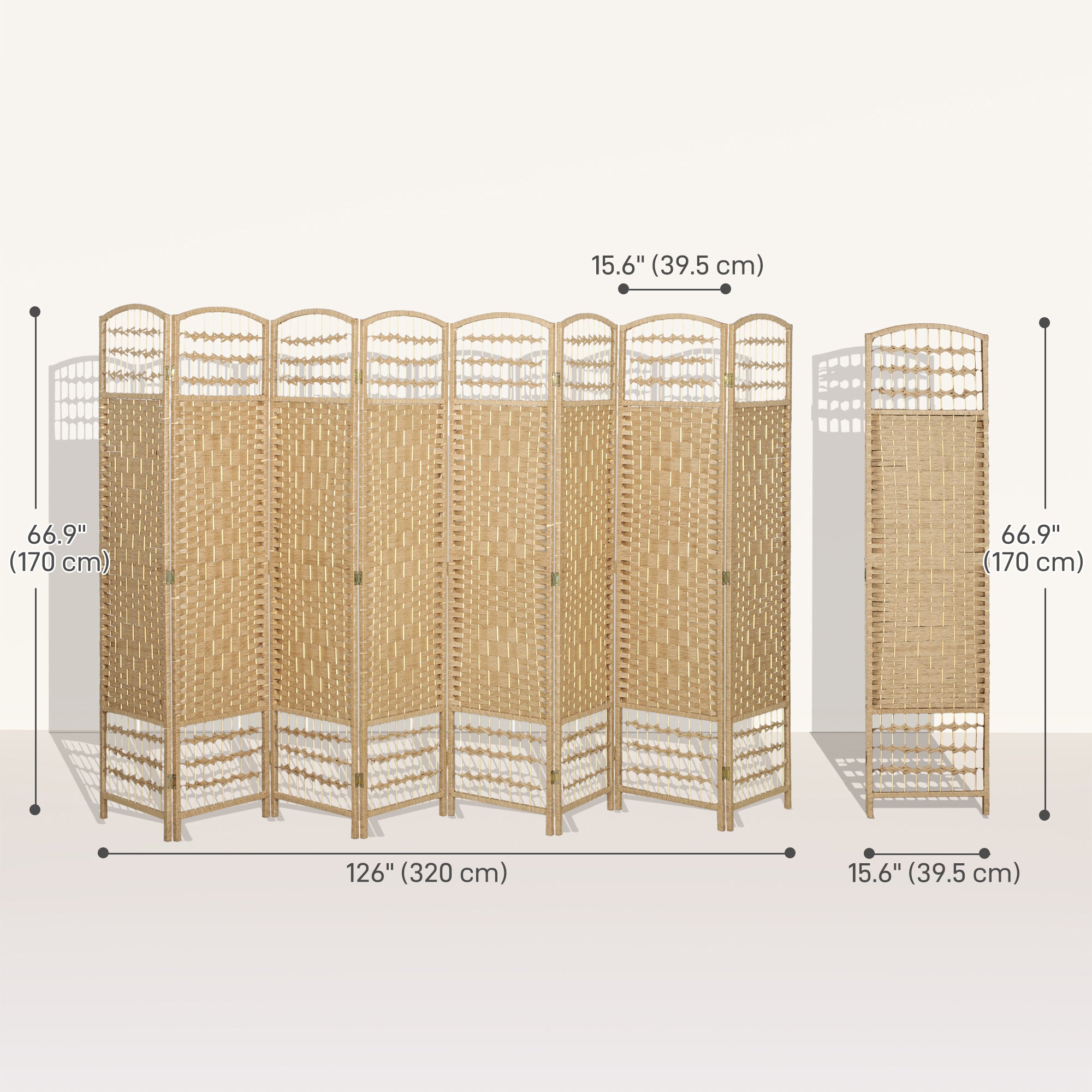 8 Panel Room Divider, 5.6 ft Tall Folding Privacy Screen, Wave Fiber Freestanding Partition Wall Divider for Home Office, Natural