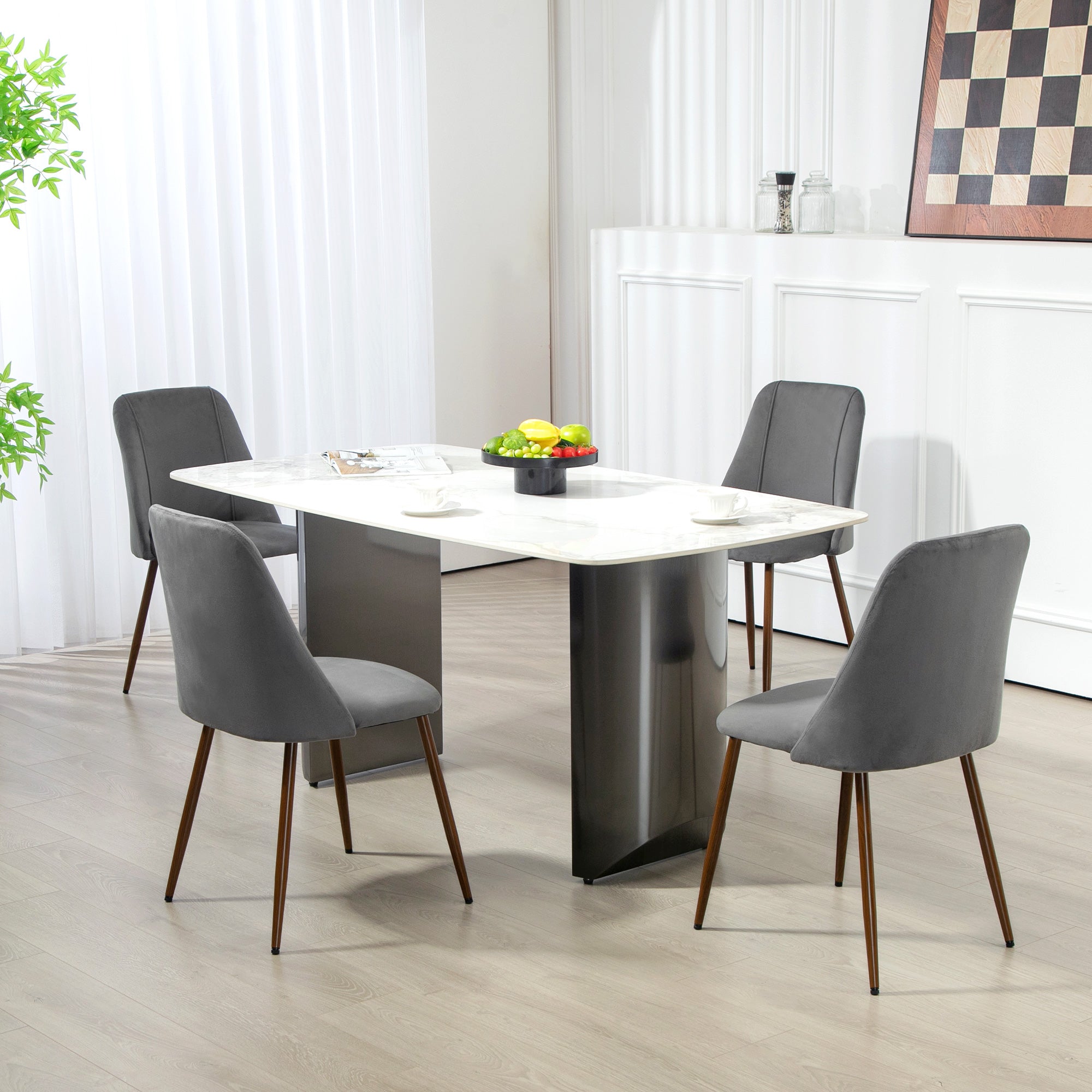 HOMCOM Dining Chairs Set of 4, Modern Kitchen Chairs with Velvet-touch Upholstery, Curved Back and Wood-grain Steel Legs, Accent Chairs for Living Room, Bedroom, Dark Grey