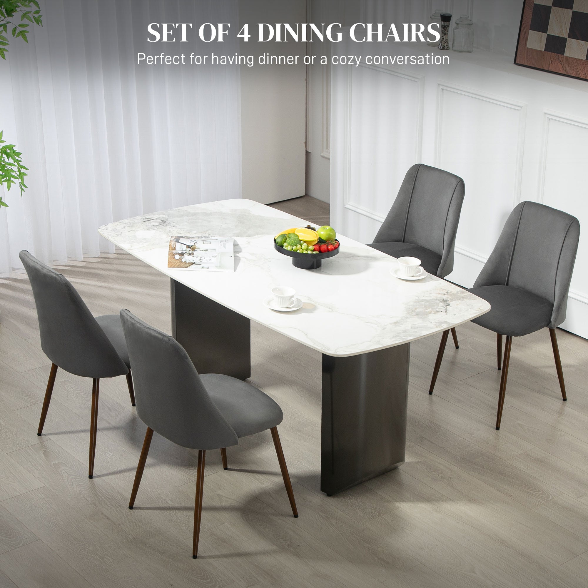 HOMCOM Dining Chairs Set of 4, Modern Kitchen Chairs with Velvet-touch Upholstery, Curved Back and Wood-grain Steel Legs, Accent Chairs for Living Room, Bedroom, Dark Grey