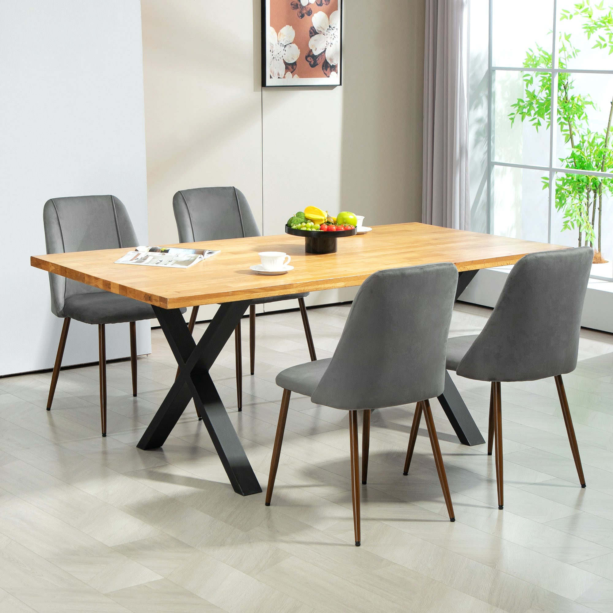 HOMCOM Dining Chairs Set of 4, Modern Kitchen Chairs with Velvet-touch Upholstery, Curved Back and Wood-grain Steel Legs, Accent Chairs for Living Room, Bedroom, Dark Grey