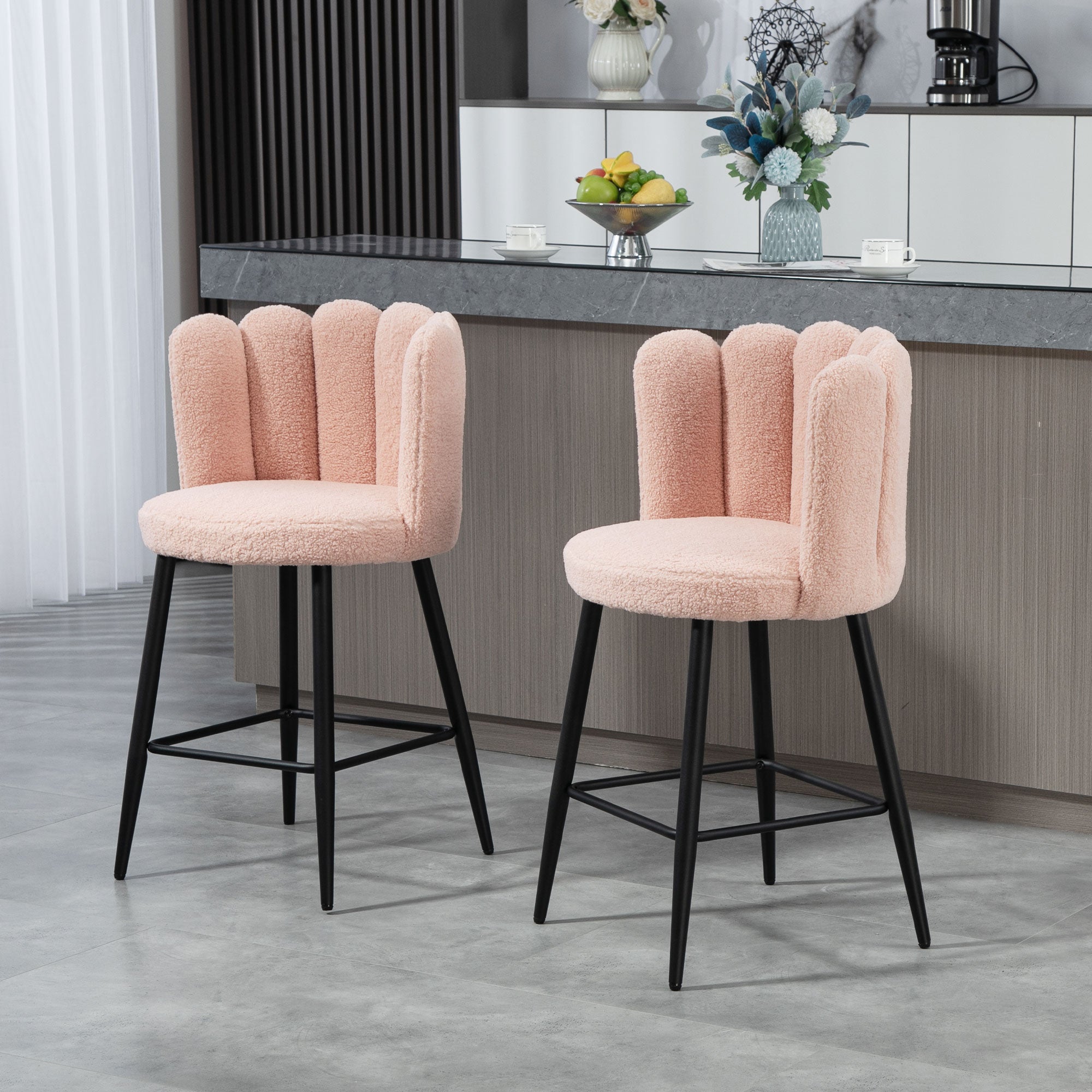 HOMCOM Modern Bar Stools Set of 2, Faux Cashmere Upholstered Counter Height Barstools, Bar Chairs for Kitchen with Back, Footrest, Steel Base, Pink