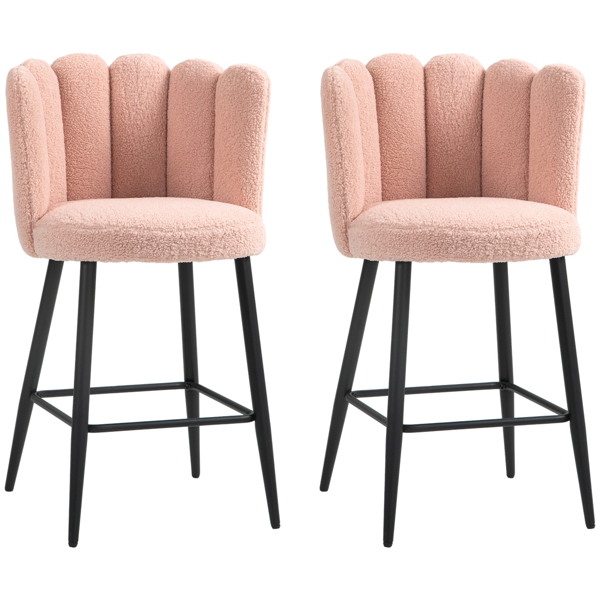 HOMCOM Modern Bar Stools Set of 2, Faux Cashmere Upholstered Counter Height Barstools, Bar Chairs for Kitchen with Back, Footrest, Steel Base, Pink