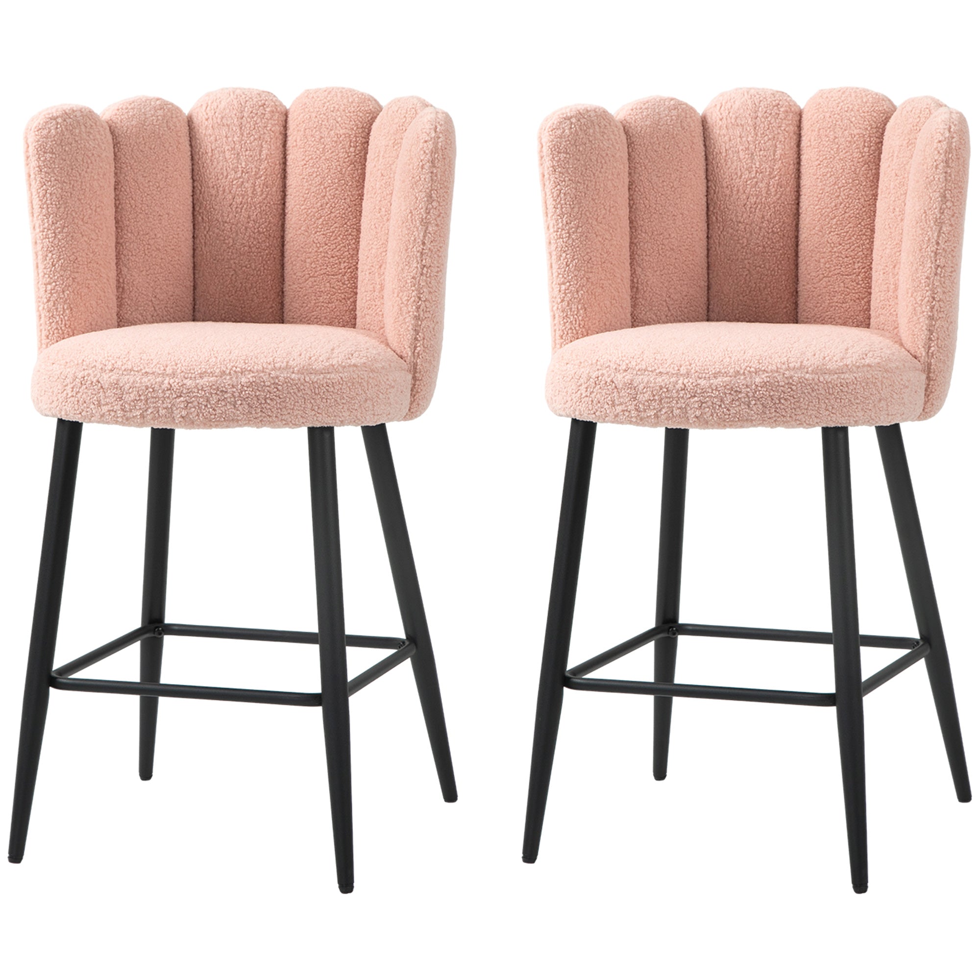 HOMCOM Modern Bar Stools Set of 2, Faux Cashmere Upholstered Counter Height Barstools, Bar Chairs for Kitchen with Back, Footrest, Steel Base, Pink