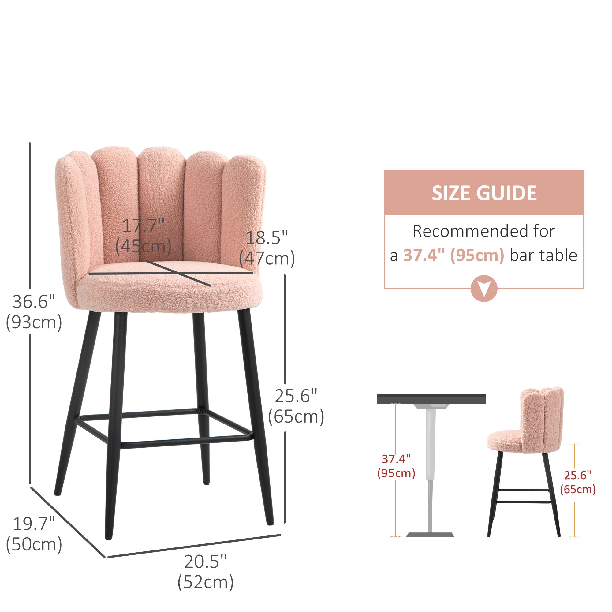 HOMCOM Modern Bar Stools Set of 2, Faux Cashmere Upholstered Counter Height Barstools, Bar Chairs for Kitchen with Back, Footrest, Steel Base, Pink