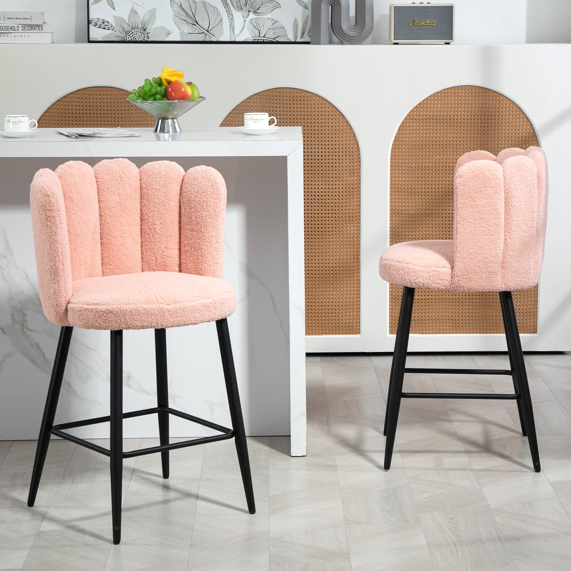 HOMCOM Modern Bar Stools Set of 2, Faux Cashmere Upholstered Counter Height Barstools, Bar Chairs for Kitchen with Back, Footrest, Steel Base, Pink