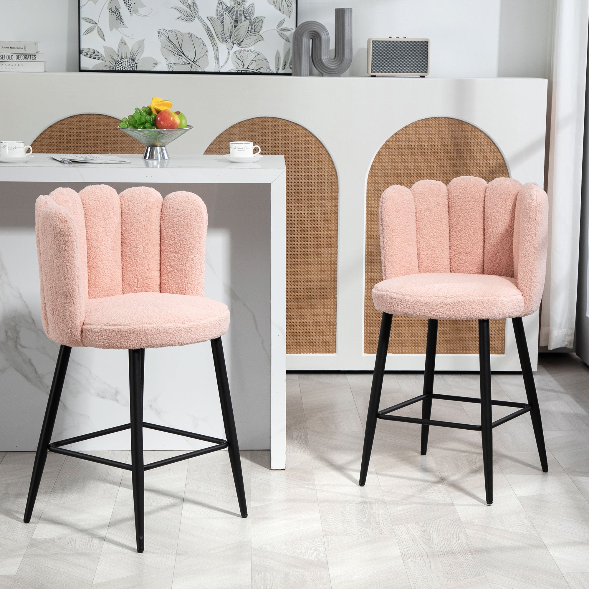 HOMCOM Modern Bar Stools Set of 2, Faux Cashmere Upholstered Counter Height Barstools, Bar Chairs for Kitchen with Back, Footrest, Steel Base, Pink