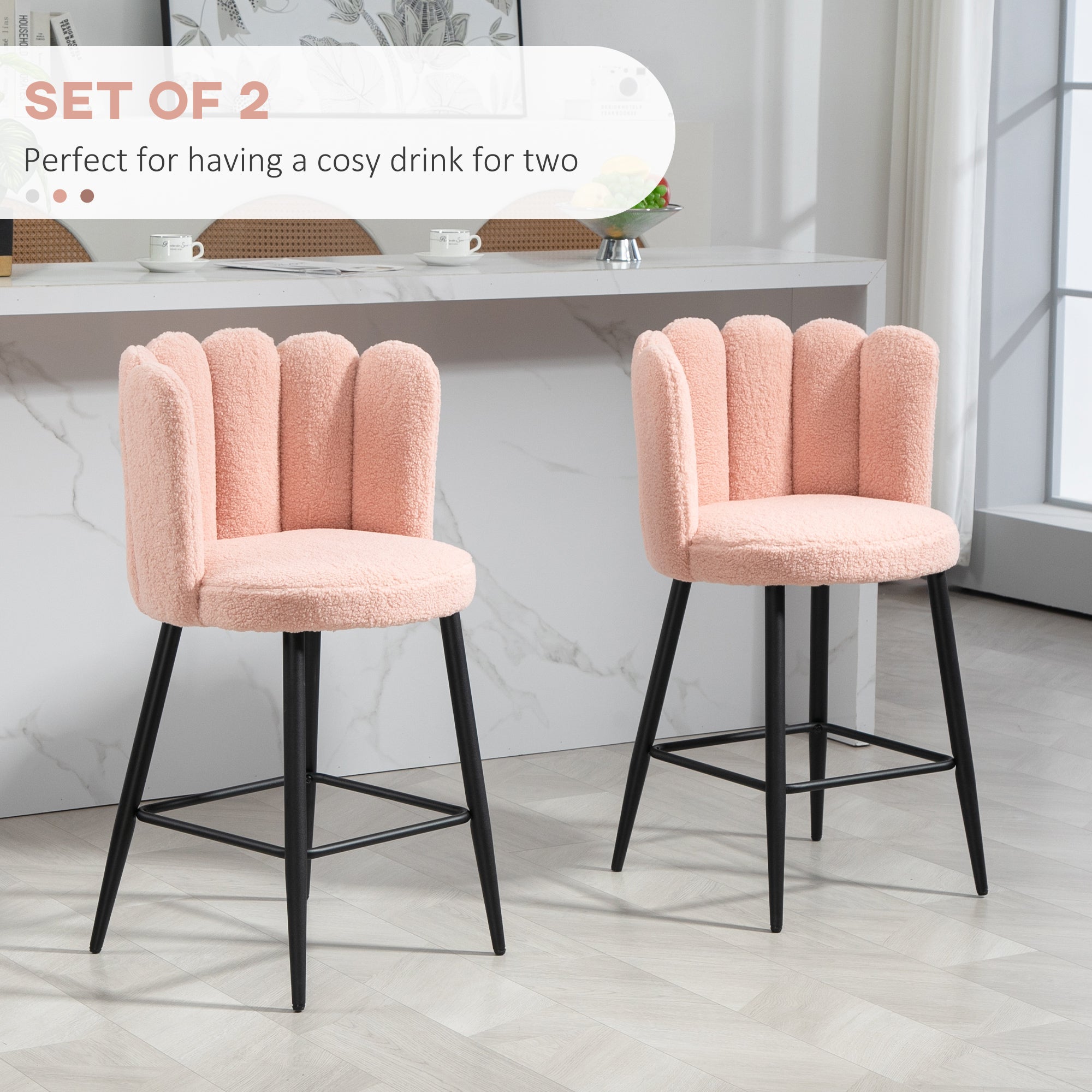 HOMCOM Modern Bar Stools Set of 2, Faux Cashmere Upholstered Counter Height Barstools, Bar Chairs for Kitchen with Back, Footrest, Steel Base, Pink