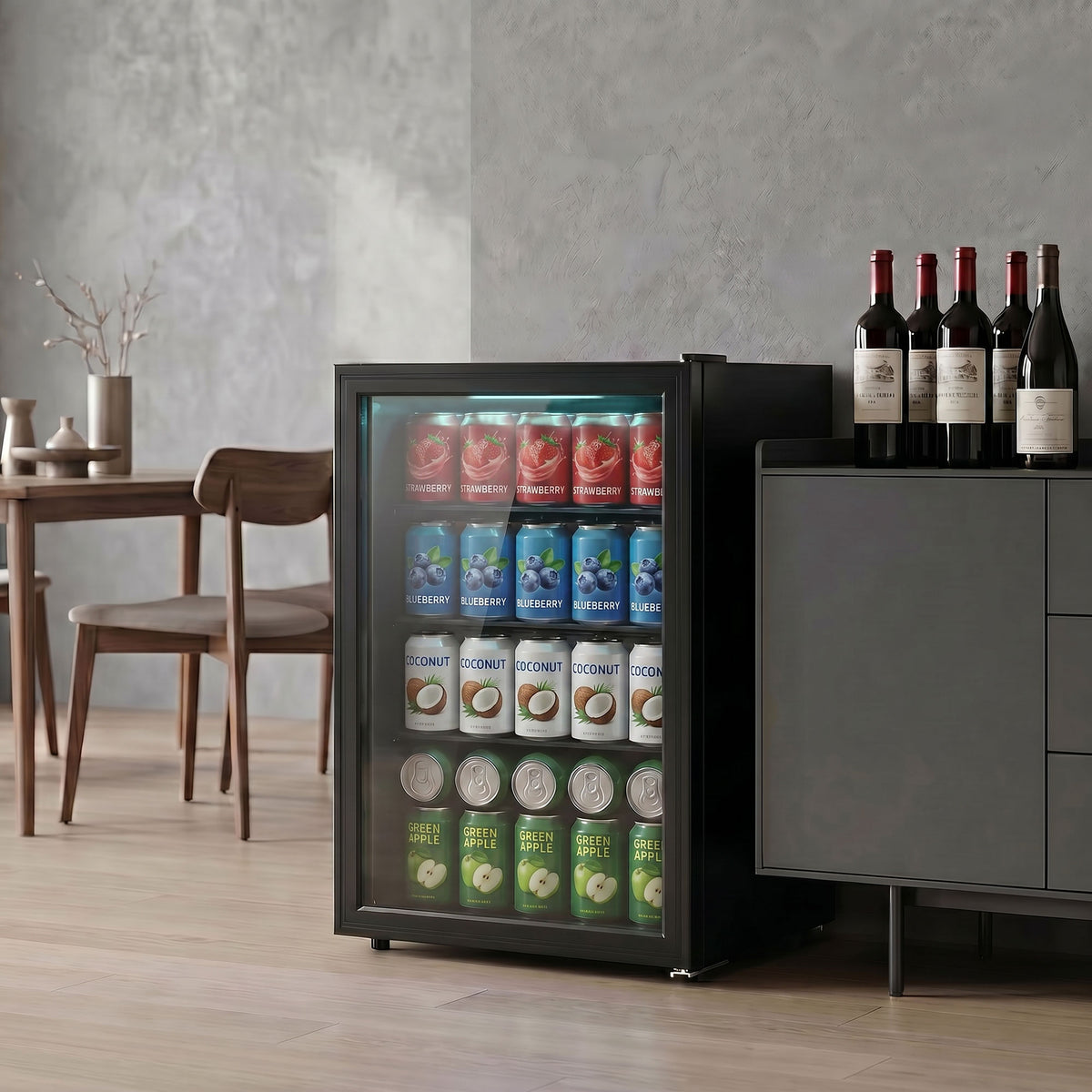Beverage Refrigerator, 85 Can Mini Fridge with Glass Door, Auto-Defrost for Soda Beer, 2.1 Cu.Ft Freestanding Drink Fridge with LED Light for Home Office Bar, Black