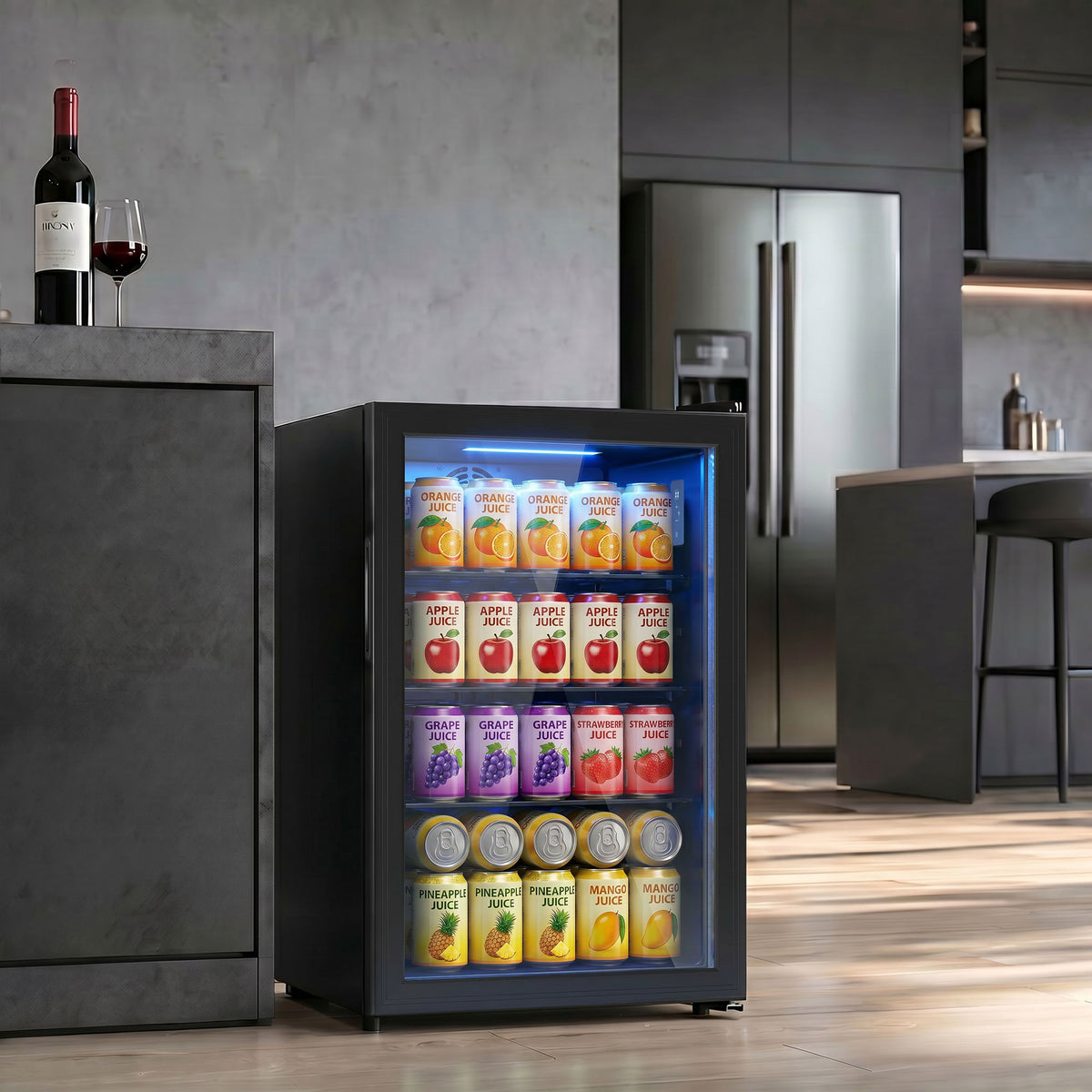 Beverage Refrigerator, 85 Can Mini Fridge with Glass Door, Auto-Defrost for Soda Beer, 2.1 Cu.Ft Freestanding Drink Fridge with LED Light for Home Office Bar, Black