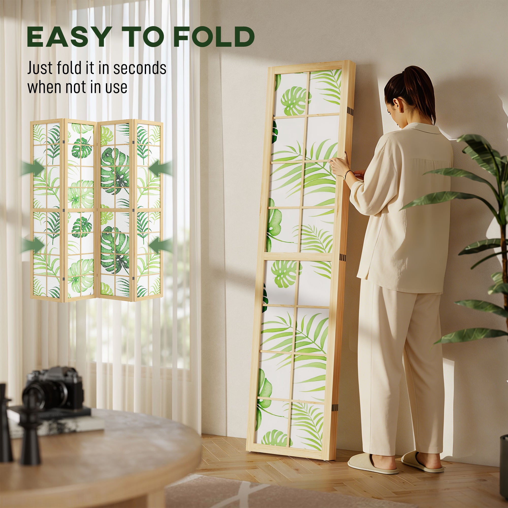 4 Panel Room Divider, 67" Boho Folding Privacy Screen with Tropical Palm Leaf Design, Freestanding Pine Wood Partition for Living Room Bedroom Office, Natural and Green
