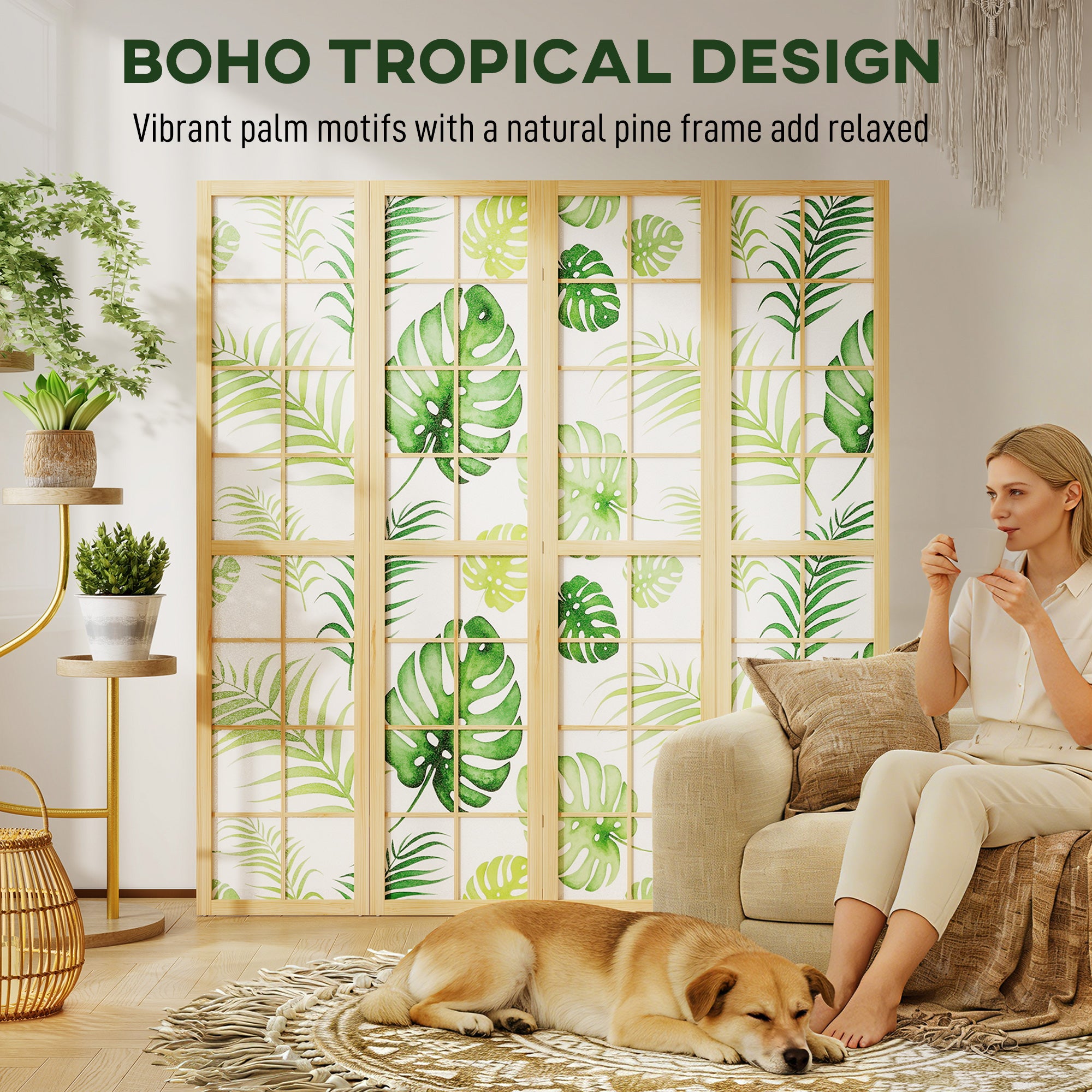 4 Panel Room Divider, 67" Boho Folding Privacy Screen with Tropical Palm Leaf Design, Freestanding Pine Wood Partition for Living Room Bedroom Office, Natural and Green