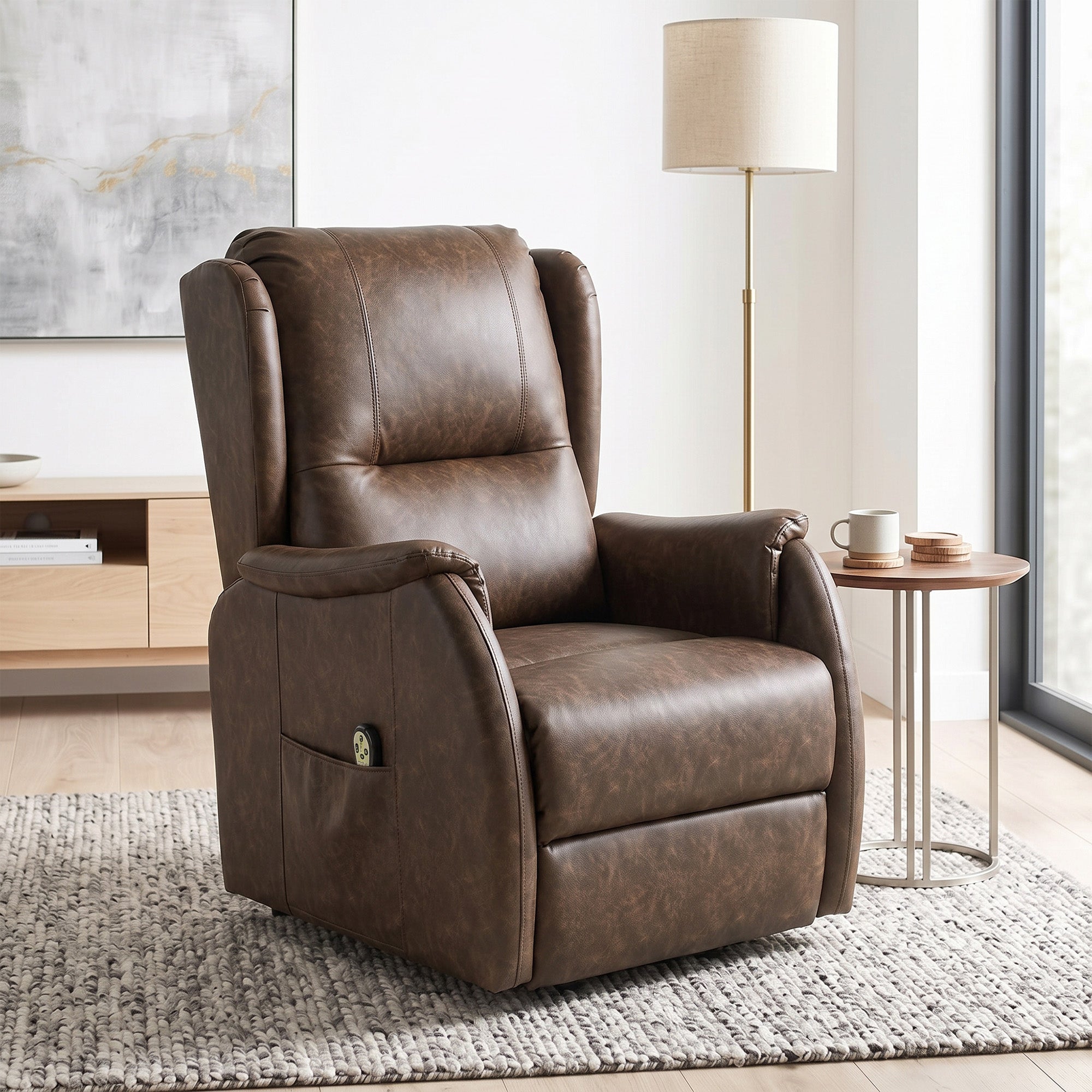 Dual Motor Power Lift Recliner Chair, Electric Lift Chair for Elderly, Faux Leather Riser and Reclining Armchair with Remote Control, Side Pockets, for Living Room, Brown