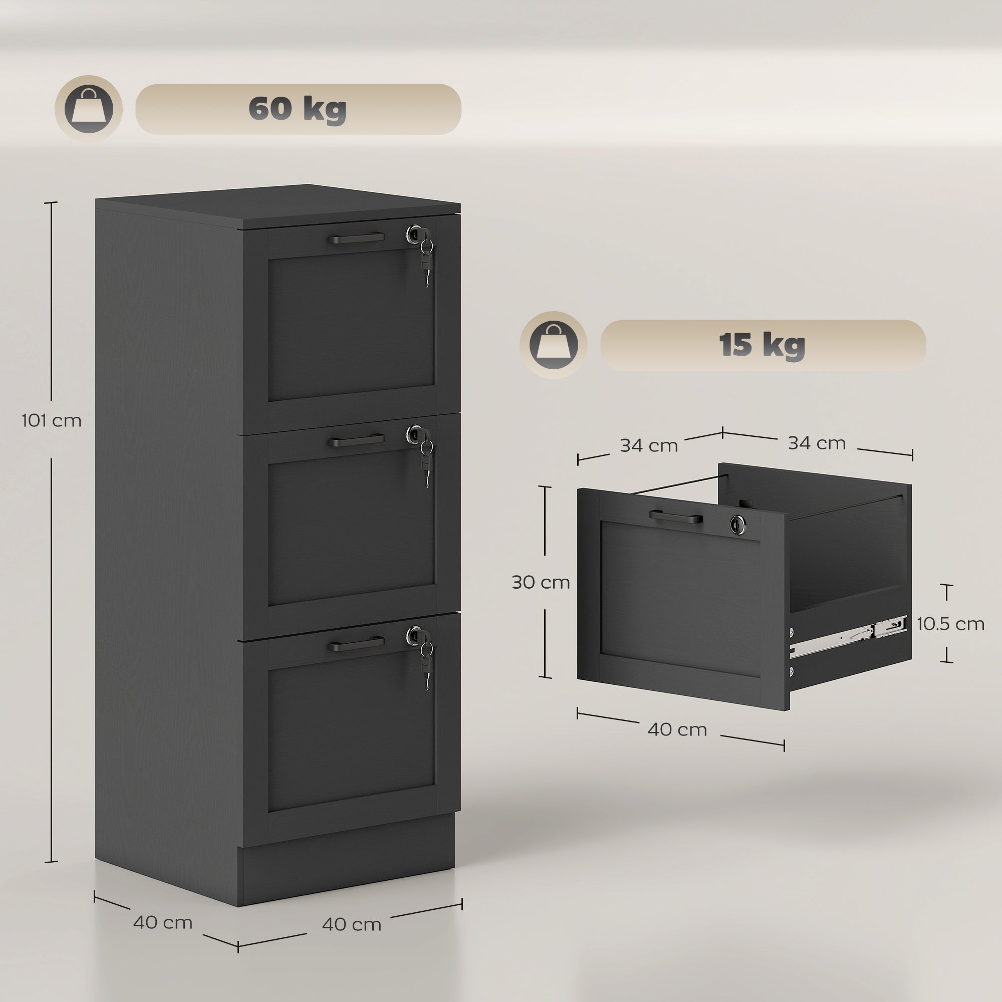 3 Drawer File Cabinet with Lock, Vertical Filing Cabinet with Adjustable Hanging Bars for A4 and Letter Size File Folders, Printer Stand with Storage, Black