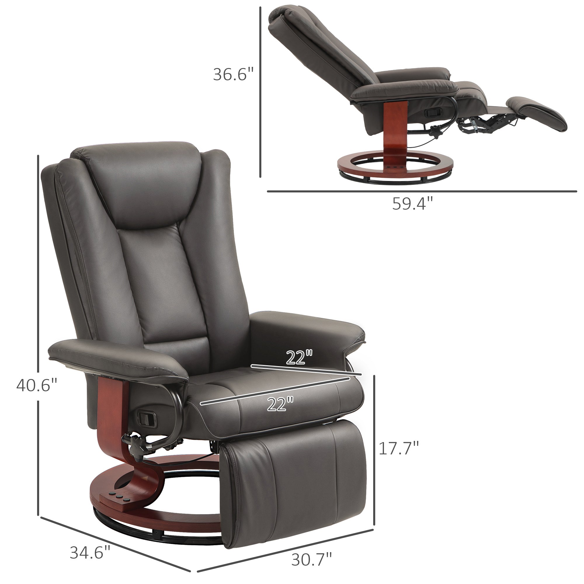 Manual Swivel Recliner Chair, PU Leather Reclining Chair with Footrest for Living Room, Brown