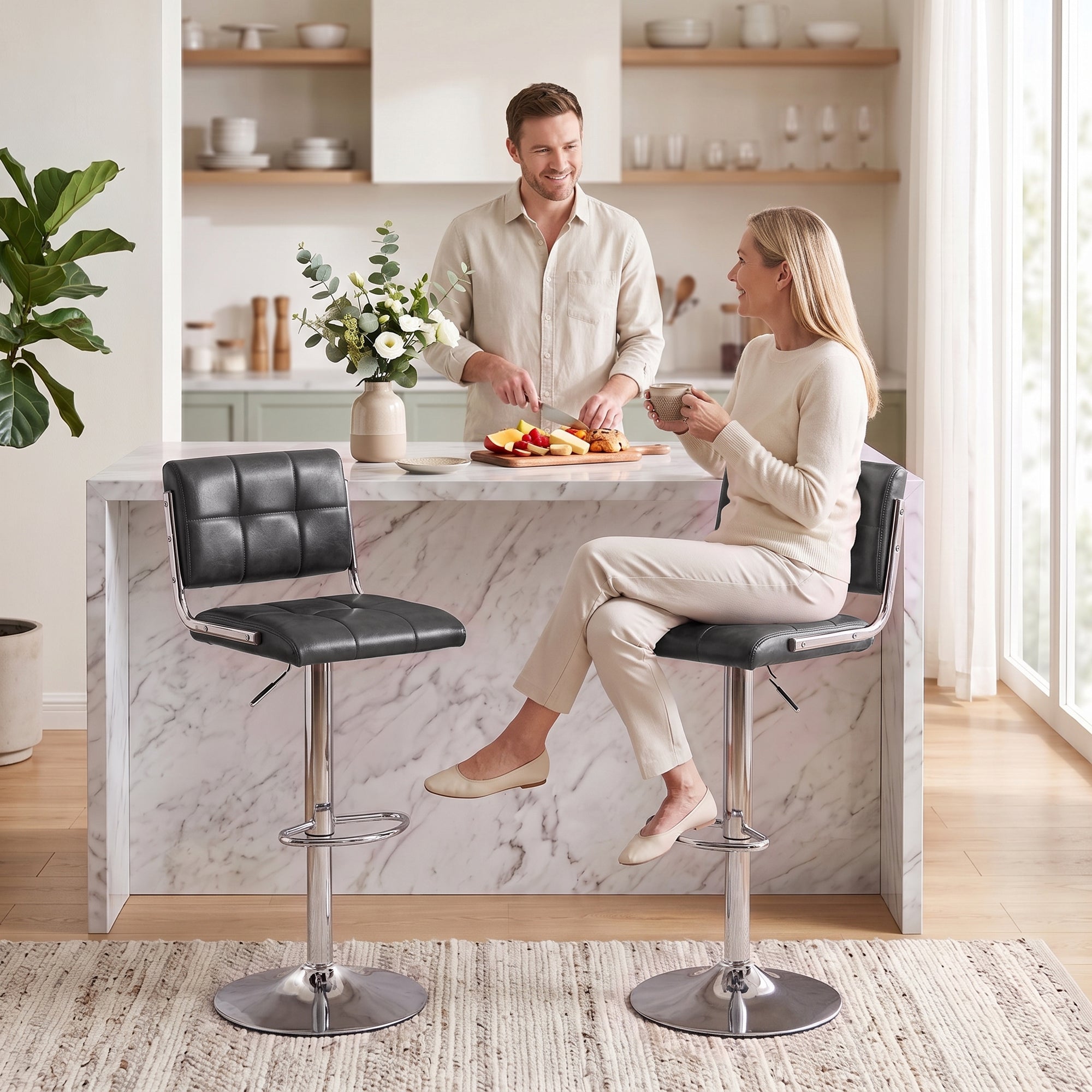 Breakfast Bar Stools Set of 2, Modern PU Leather Swivel BarStools, Adjustable Counter Height Bar Chairs with Backrest and Footrest for Kitchen Island, Dining Room, Bar, Grey