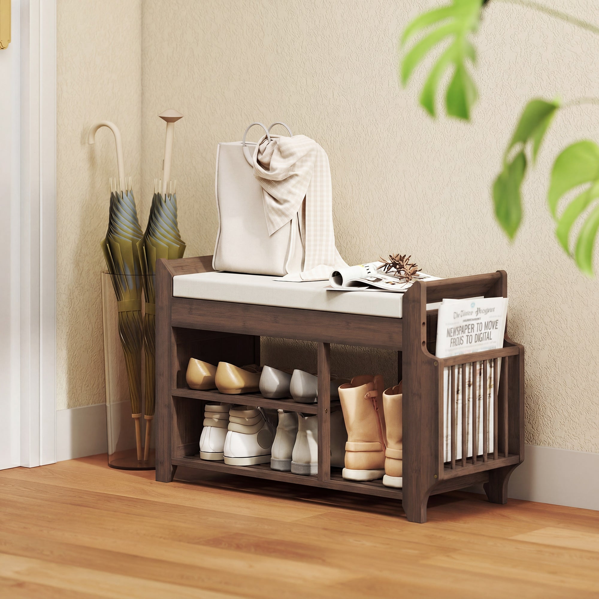 Shoe Bench with Cushioned Seat, Shoe Storage Bench with Side Holder and Boot Section, 2-Tier Natural Bamboo Entryway Rack for Hallway, Living Room, 100 x 30 x 50 cm, Dark Brown and Cream