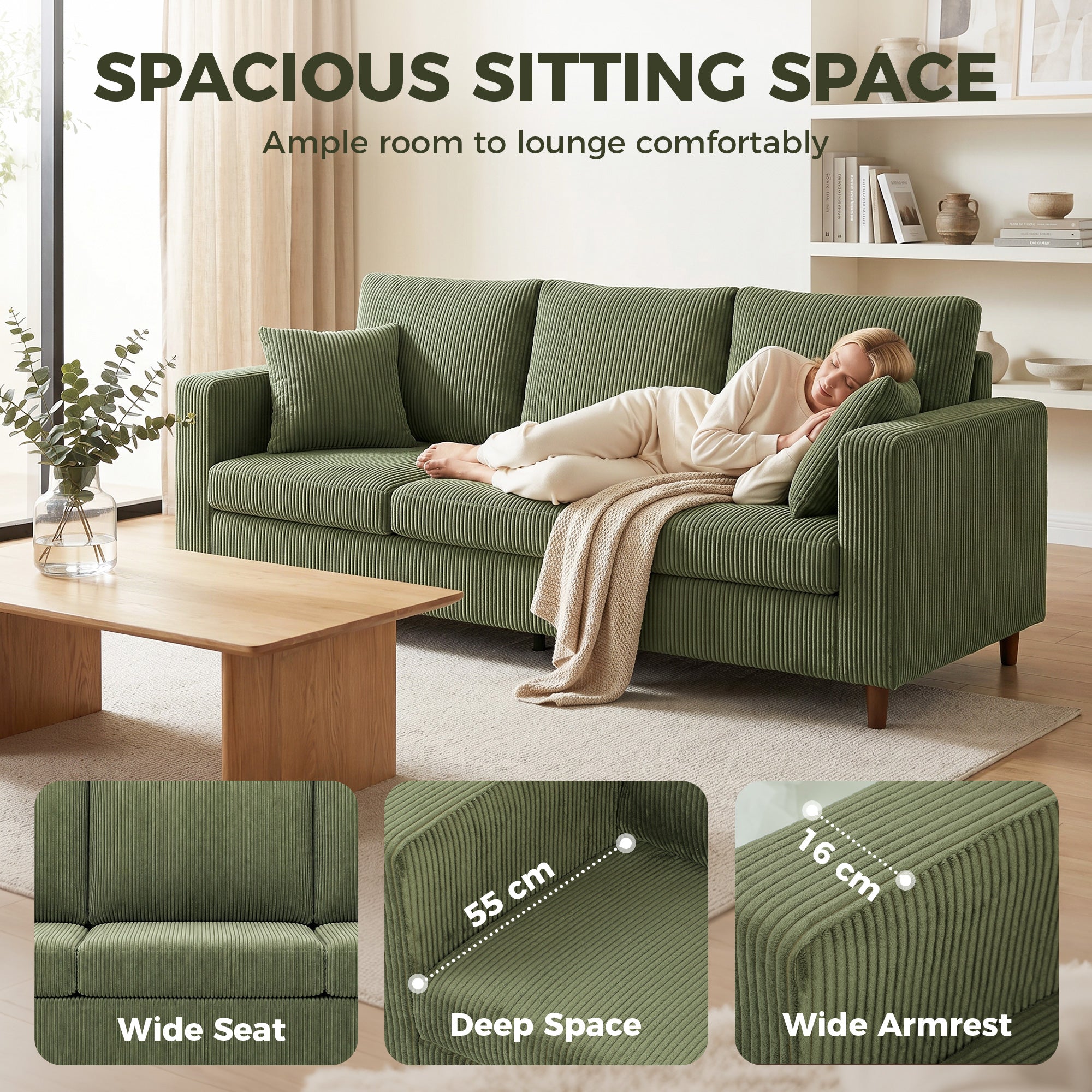 3 Seater Sofa, 225 cm Comfy Corduroy Couch with Wide Deep Seat, Wide Armrests, Spring Cushion, Thick Padded, Solid Wood Legs, Fabric Sofa for Living Room, Green