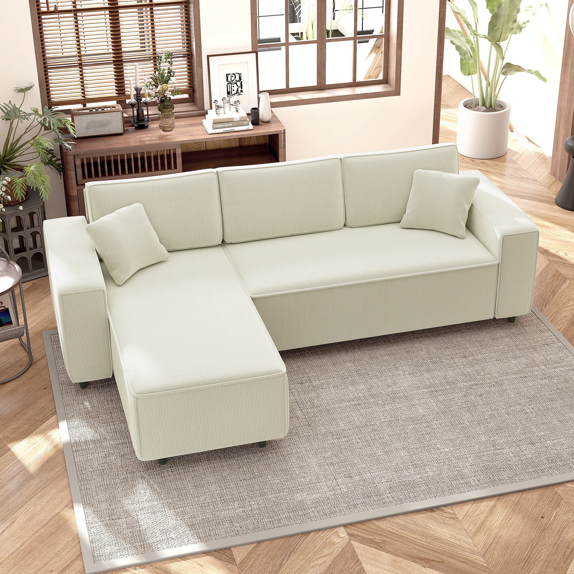95" Sectional Sofa with Reversible Chaise Lounge, L-Shaped Corner Sofa with Corduroy Fabric, Pocket Spring, 2 Pillows, Wide Arm, Thick Padded, 3 Seat Couch for Living Room, Cream White