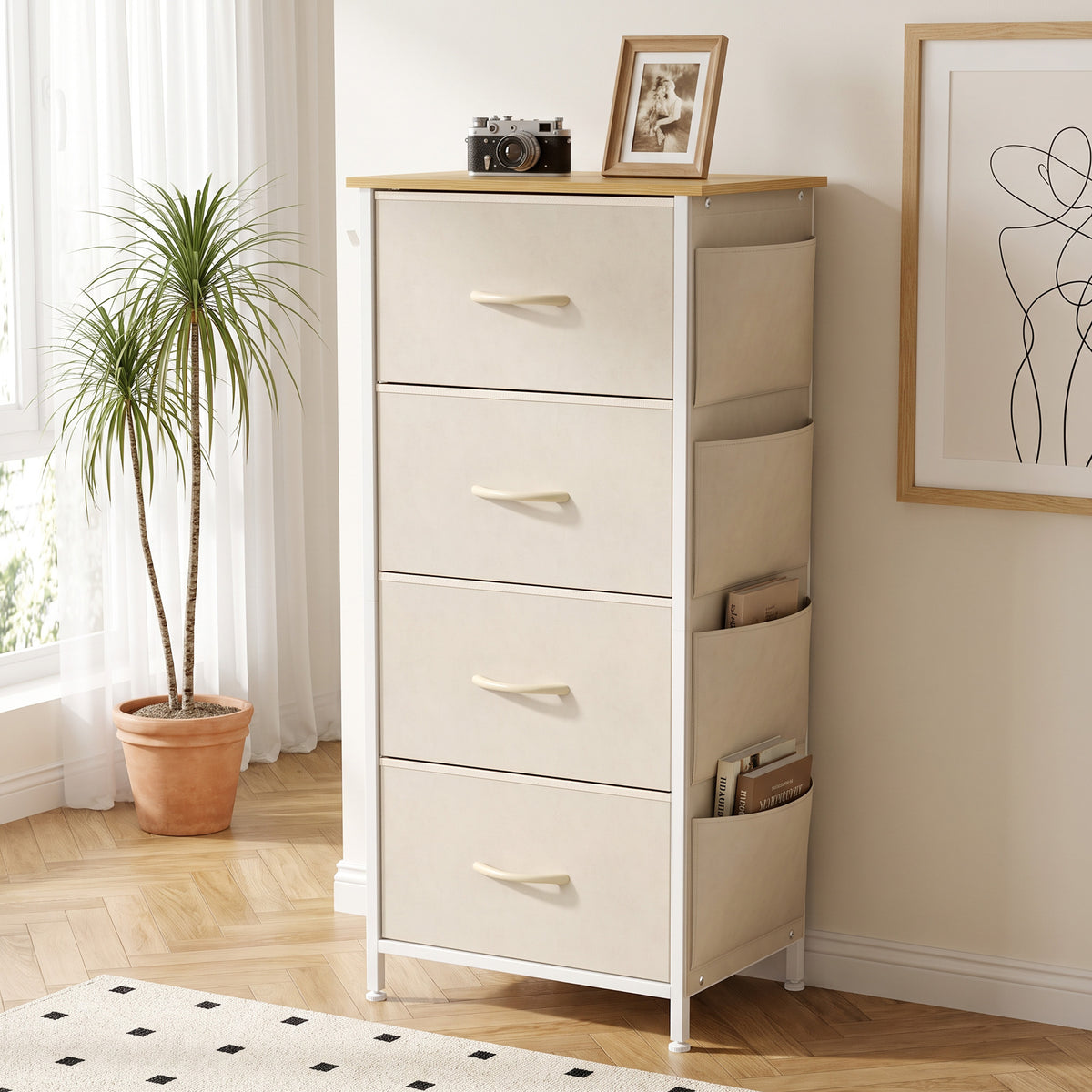 Chest of Drawers, Dresser for Bedroom with 4 Fabric Drawers, Tall Storage Unit with 4 Pockets, 2 Hooks and Steel Frame for Living Room, Hallway, Beige