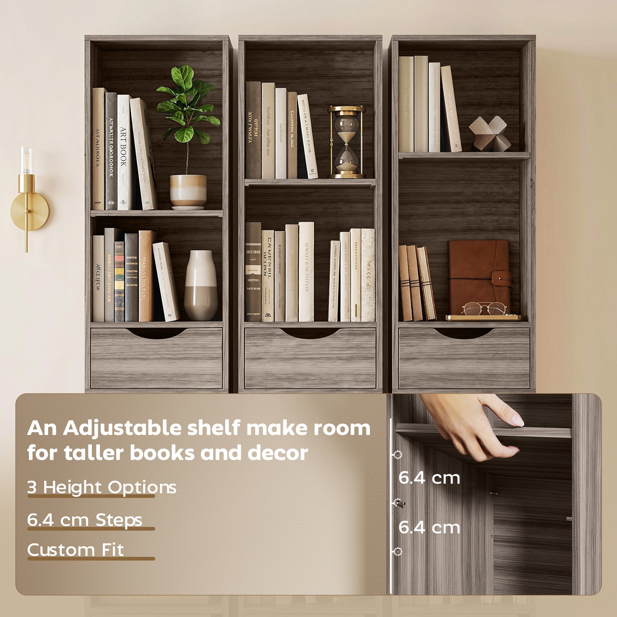 158 cm Bookcase with Drawers, 3-Tier Bookshelf, Slim Storage Cabinet with Doors, Adjustable Shelf for Living Room, Bedroom, Home Office, Grey