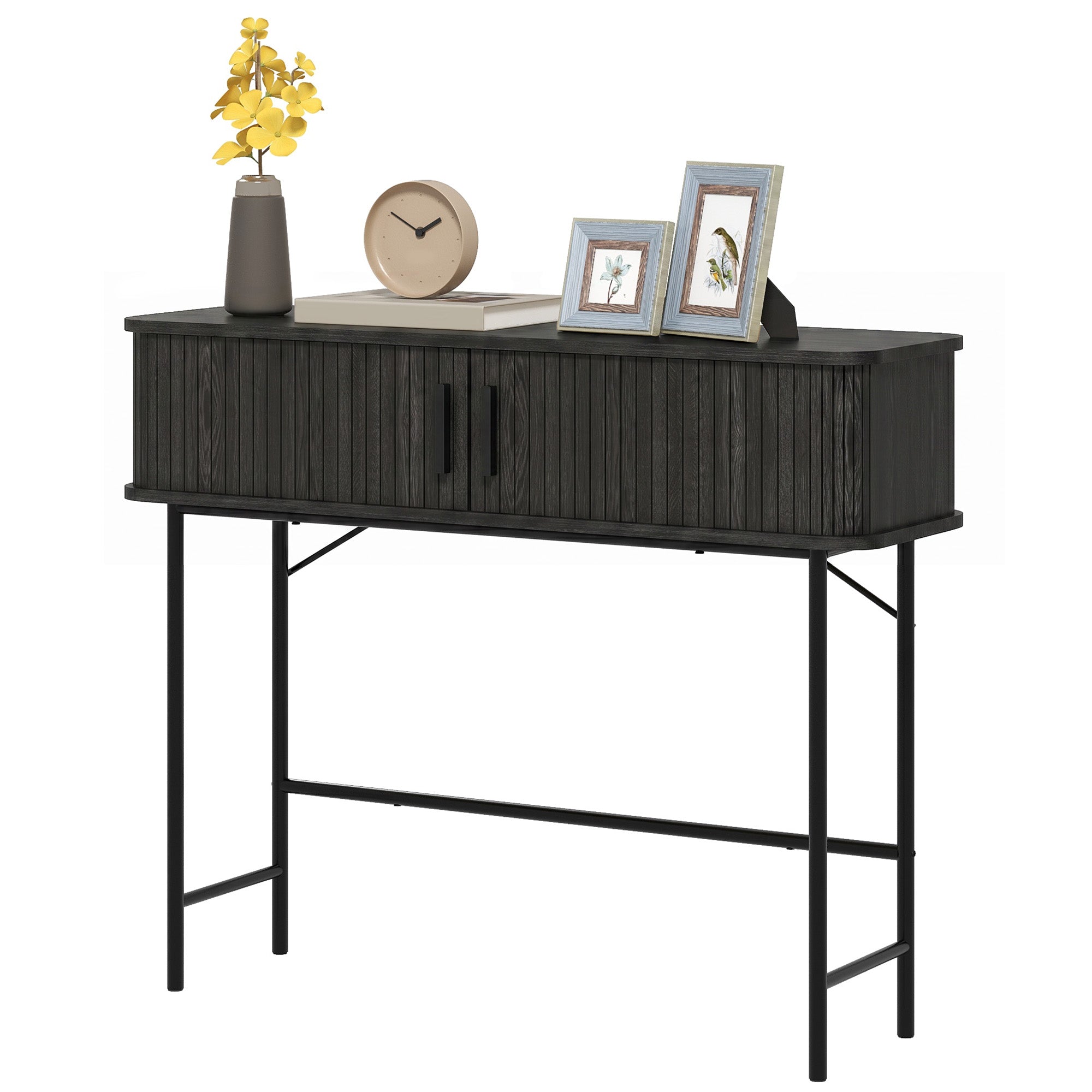 39" Narrow Console Table, Mid-Century Entryway Table with Storage Compartments and Slatted Tambour Swing Doors for Behind Couch, Living Room, Hallway, Black
