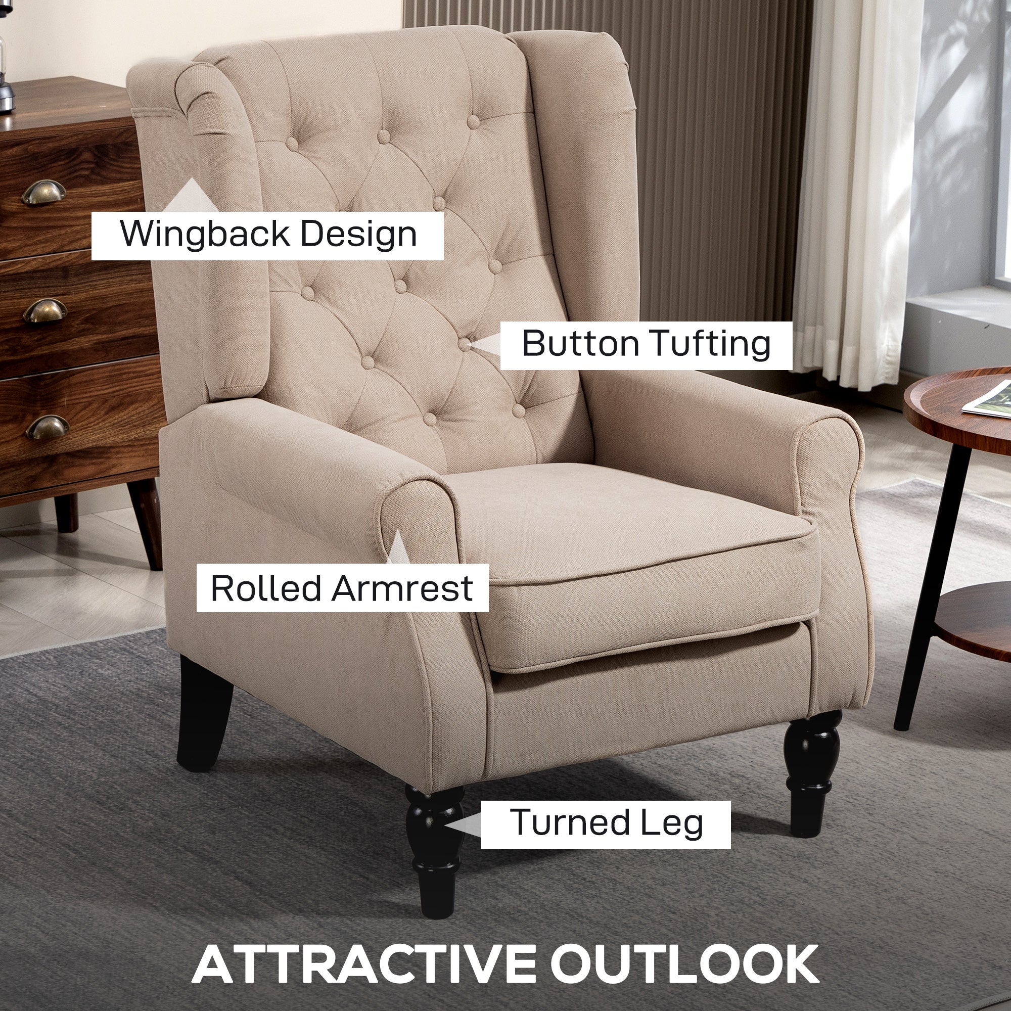 Retro Accent Chair, Snow Flannel Wingback Armchair with Wood Frame Button Tufted Design for Living Room Bedroom, Beige