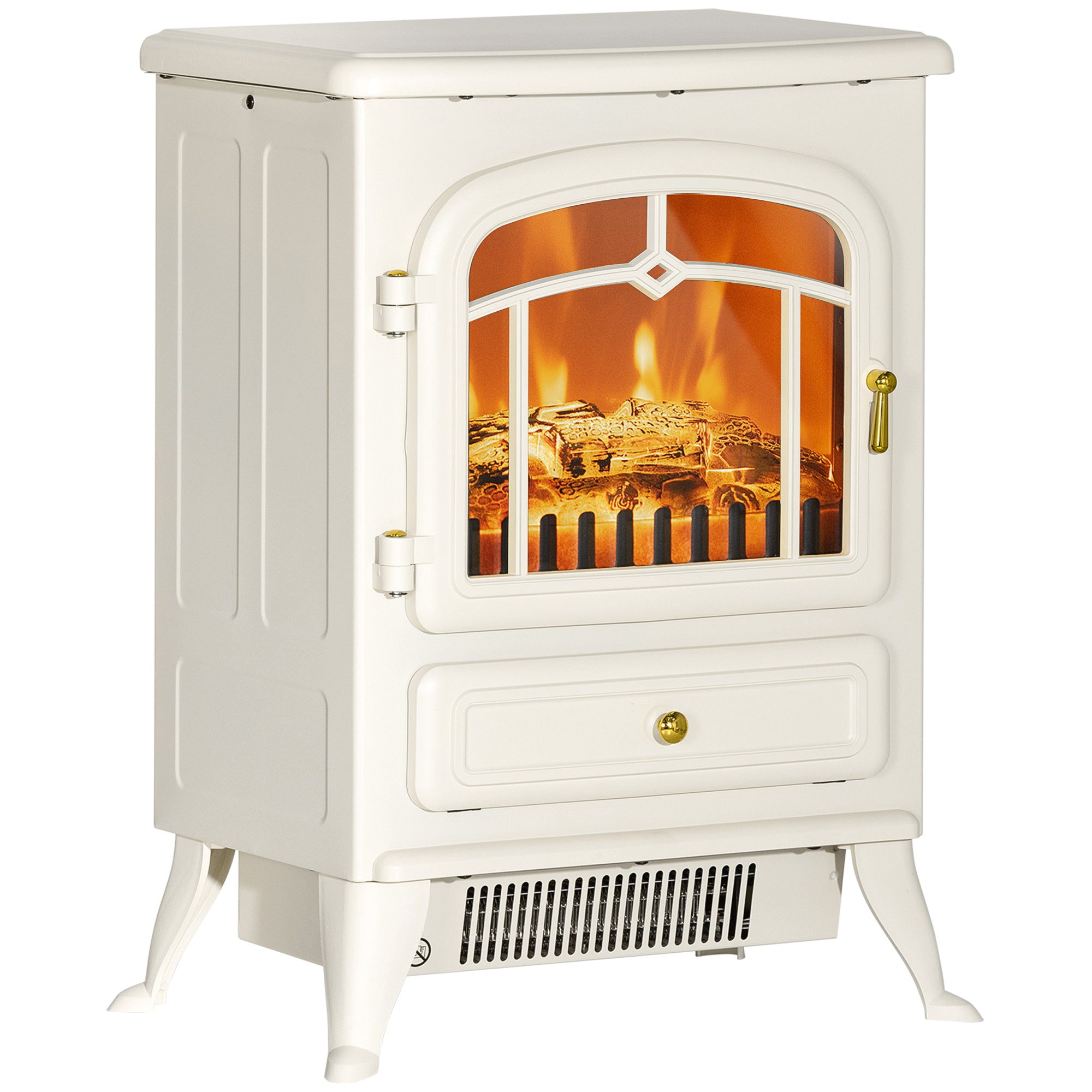 16" Freestanding Electric Fireplace Heater Fire Stove with Wood Burning Flame 750/1500W Beige
