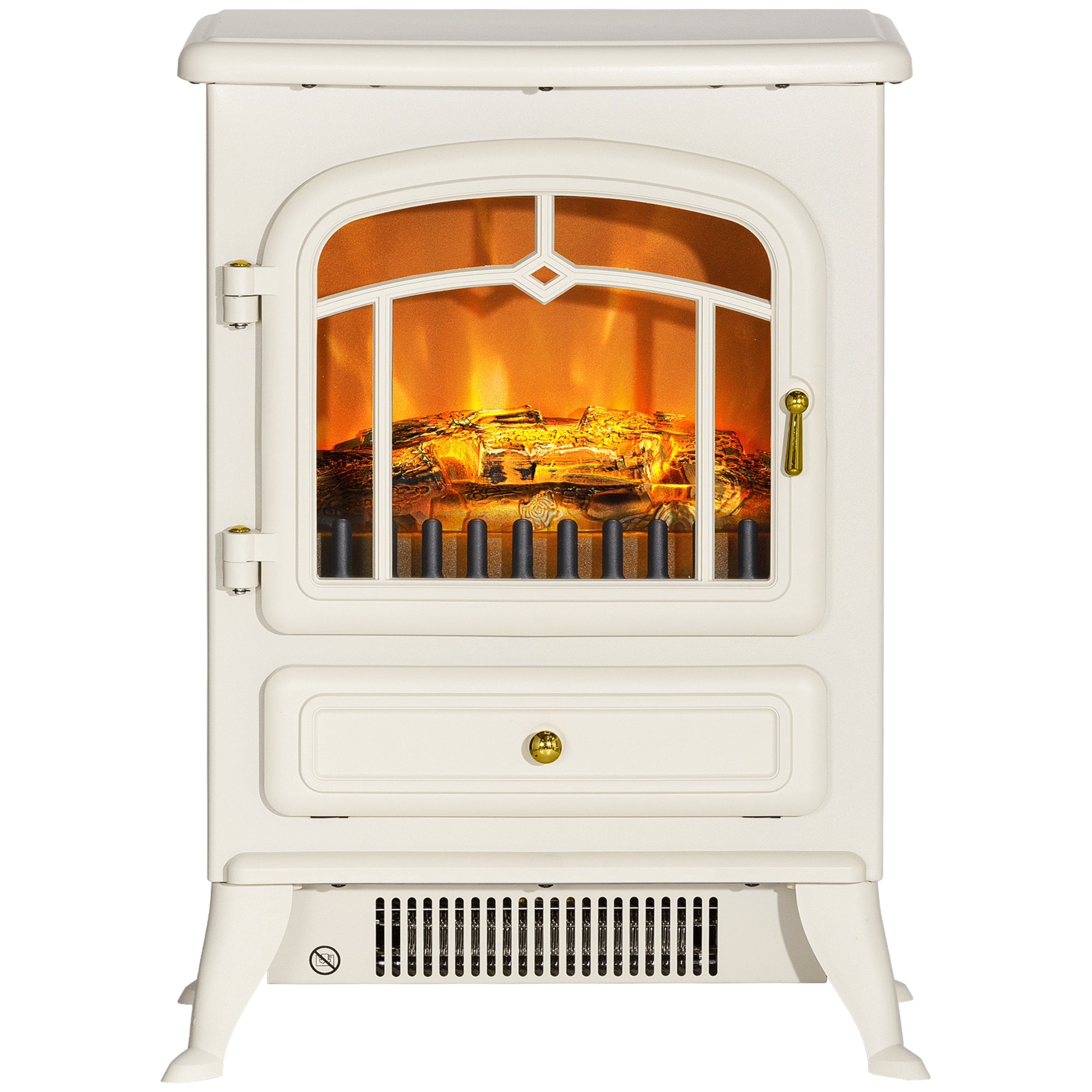 16" Freestanding Electric Fireplace Heater Fire Stove with Wood Burning Flame 750/1500W Beige