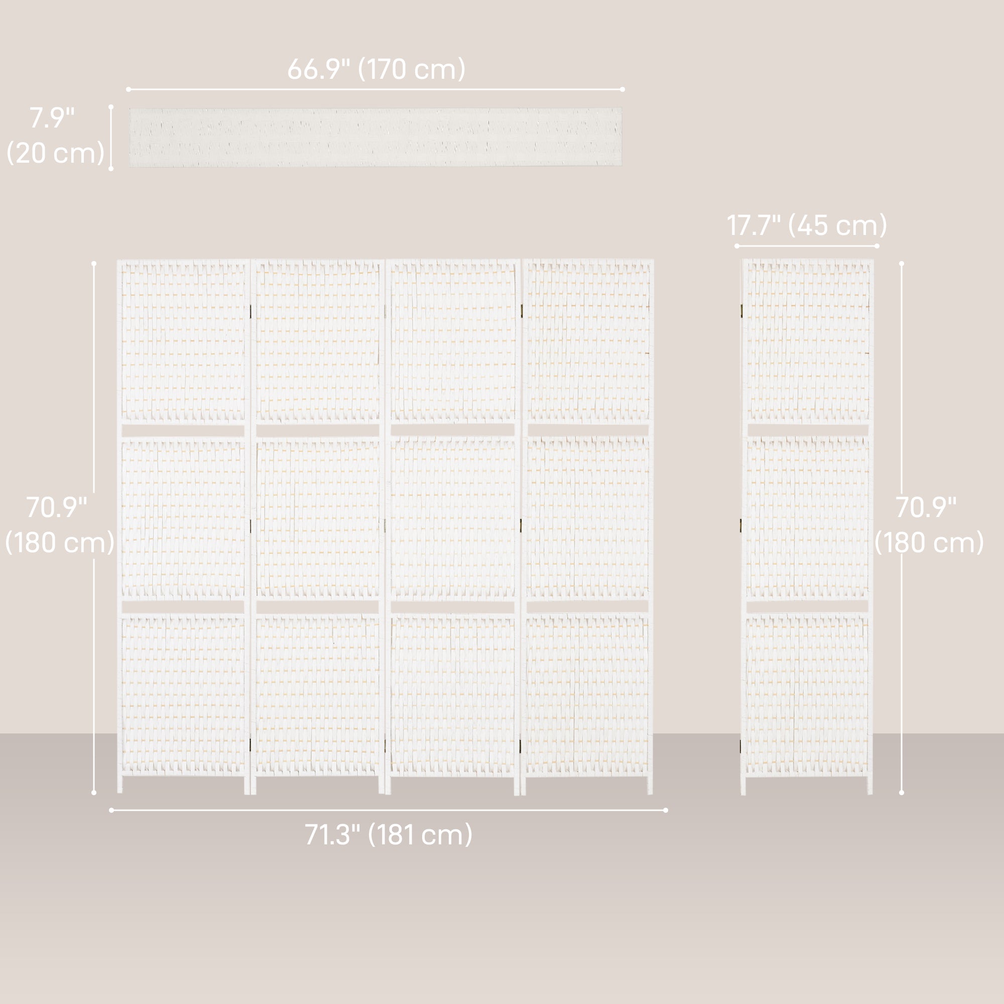 4 Panel Room Divider with Shelves, 6 FT Wave Fibre Freestanding Folding Privacy Screen, Partition Wall Divider for Indoor Bedroom Office, White
