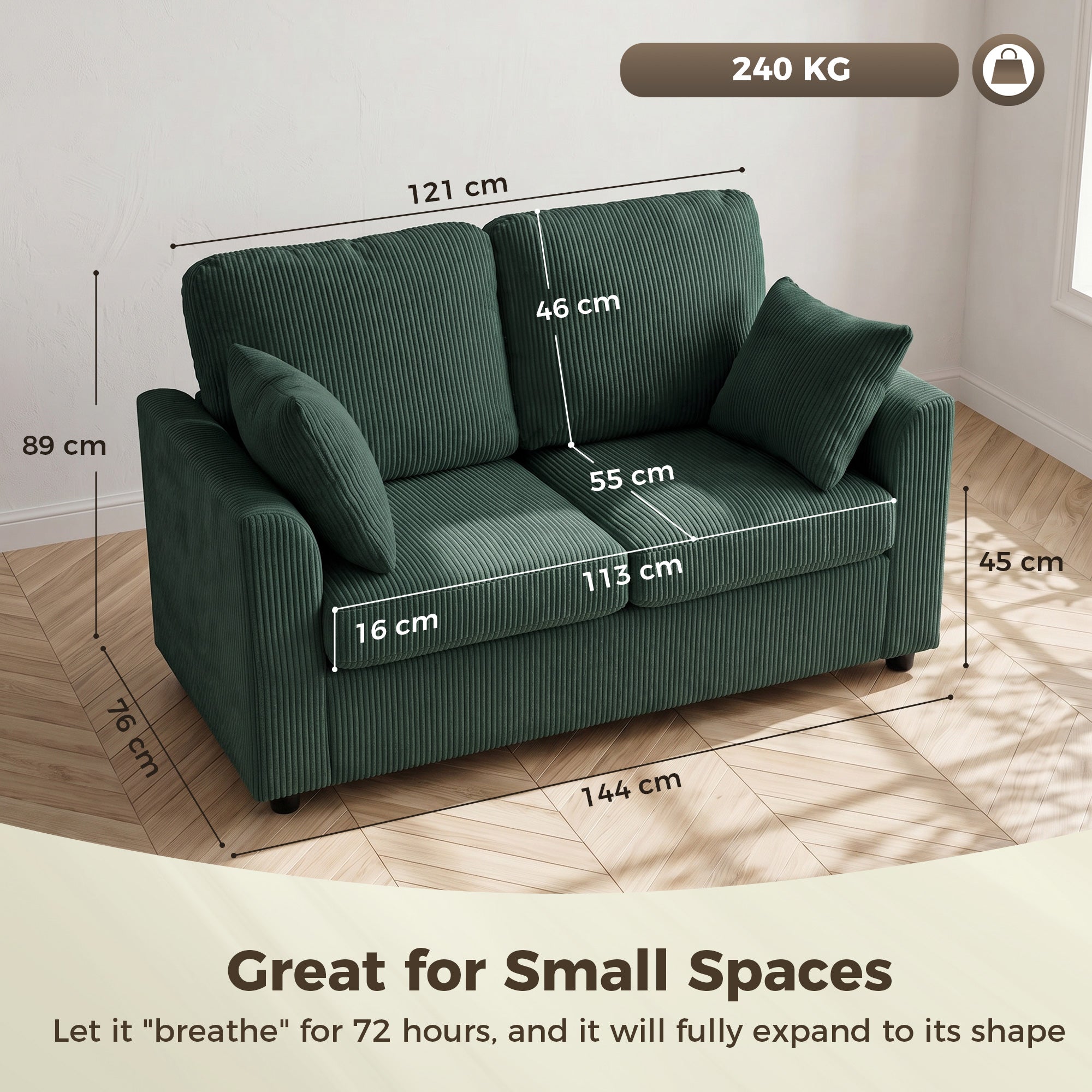 2 Seater Sofa, 144cm Corduroy Small Couch with Spring Cushion, Wide and Deep Seat, Plush Backrest, 2 Pillows, Loveseat Sofa Settee for Small Space, Living Room, Bedroom, Home Office, Dark Green