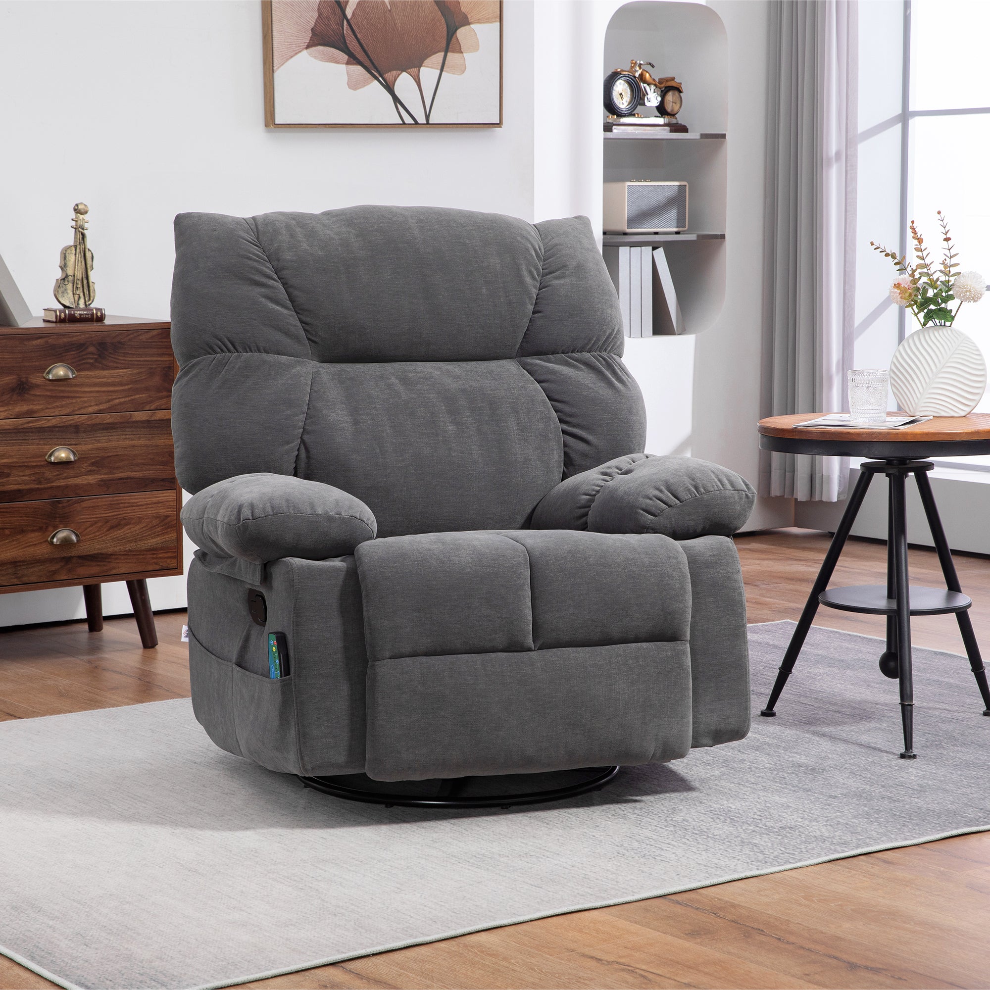 Reclining Massage Armchair with Heat, Oversized Swivel Rocker with Footrest Remote and 4 Side Pockets, Dark Gray