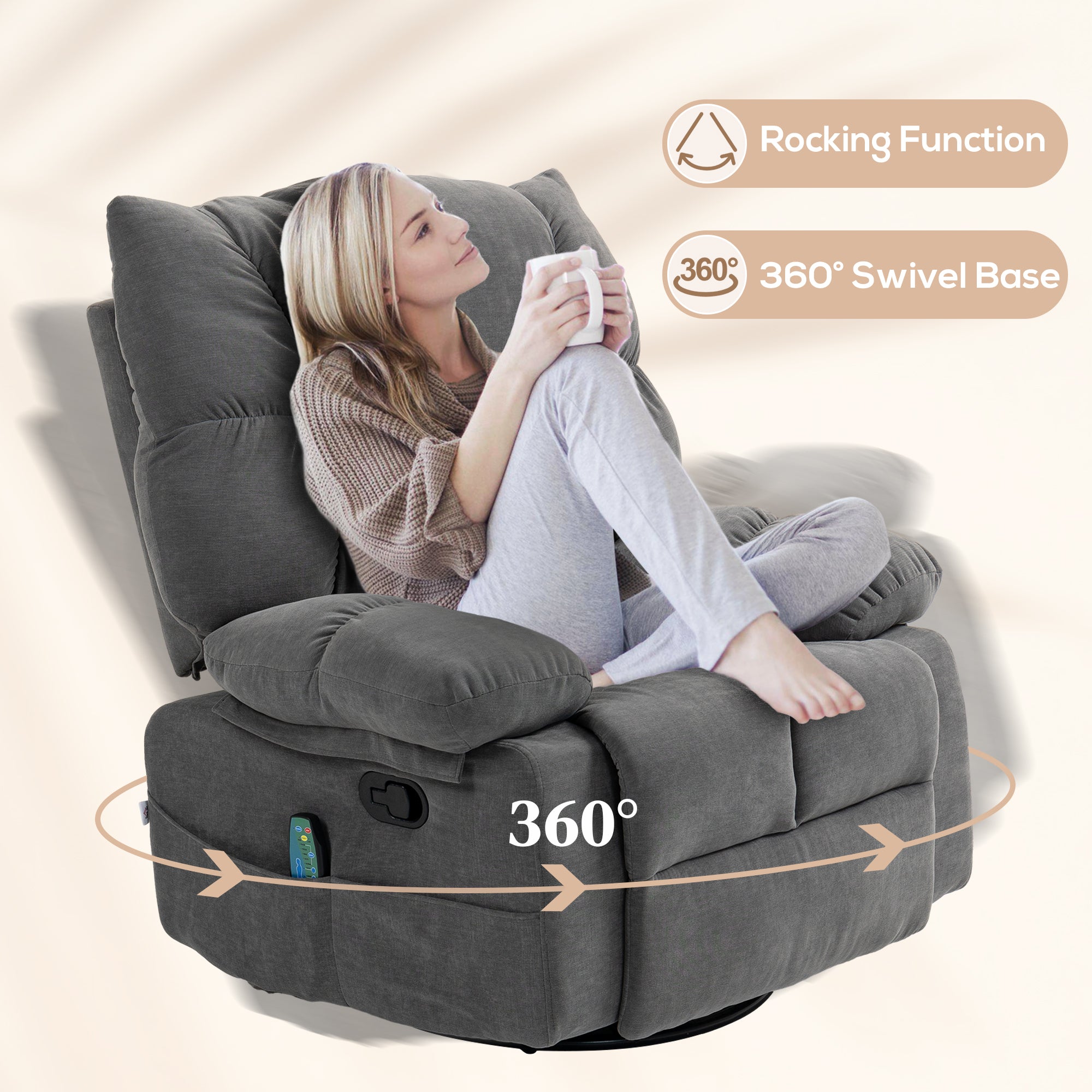 Reclining Massage Armchair with Heat, Oversized Swivel Rocker with Footrest Remote and 4 Side Pockets, Dark Gray