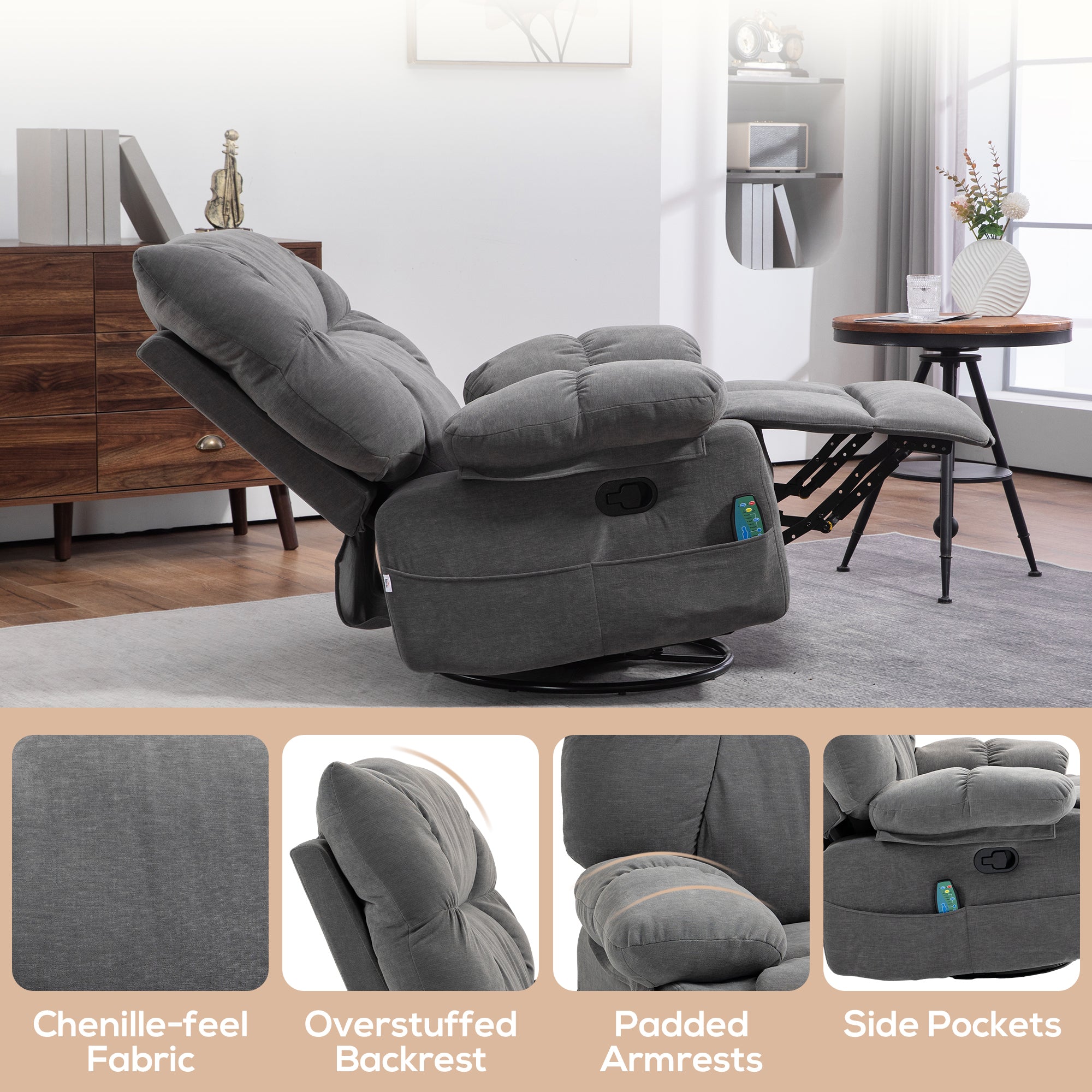 Reclining Massage Armchair with Heat, Oversized Swivel Rocker with Footrest Remote and 4 Side Pockets, Dark Gray