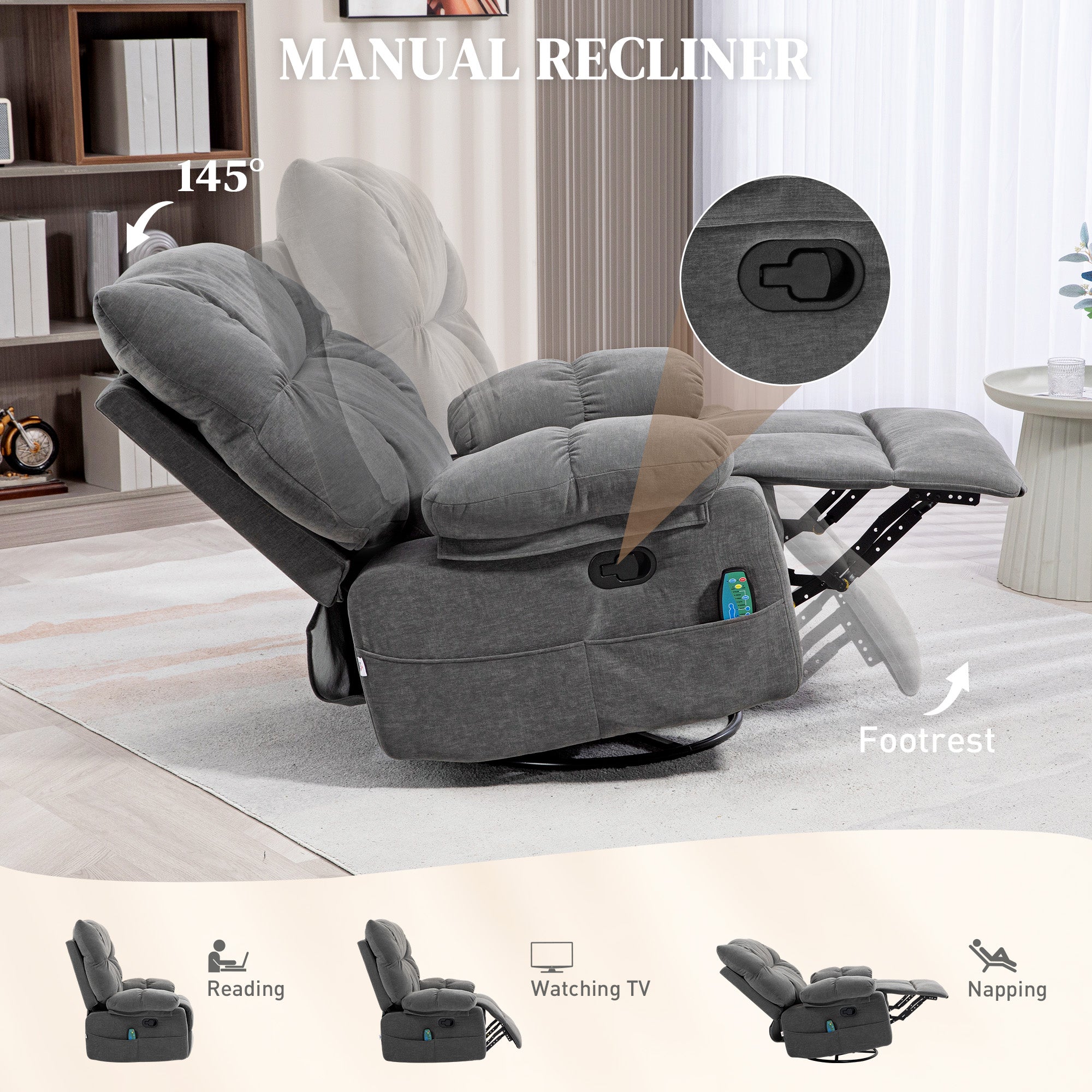 Reclining Massage Armchair with Heat, Oversized Swivel Rocker with Footrest Remote and 4 Side Pockets, Dark Gray