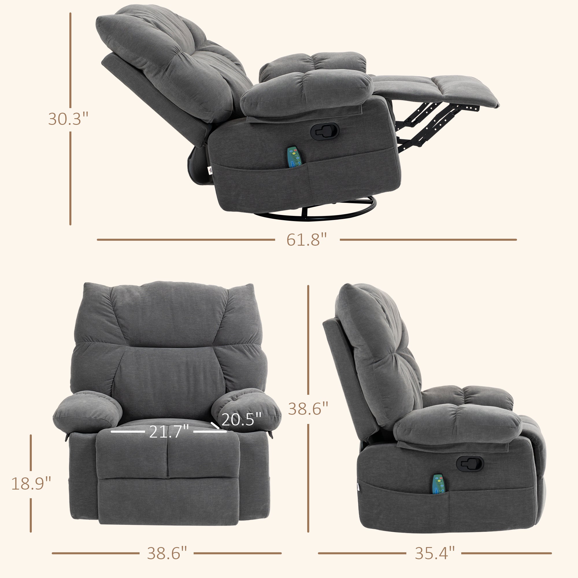 Reclining Massage Armchair with Heat, Oversized Swivel Rocker with Footrest Remote and 4 Side Pockets, Dark Gray