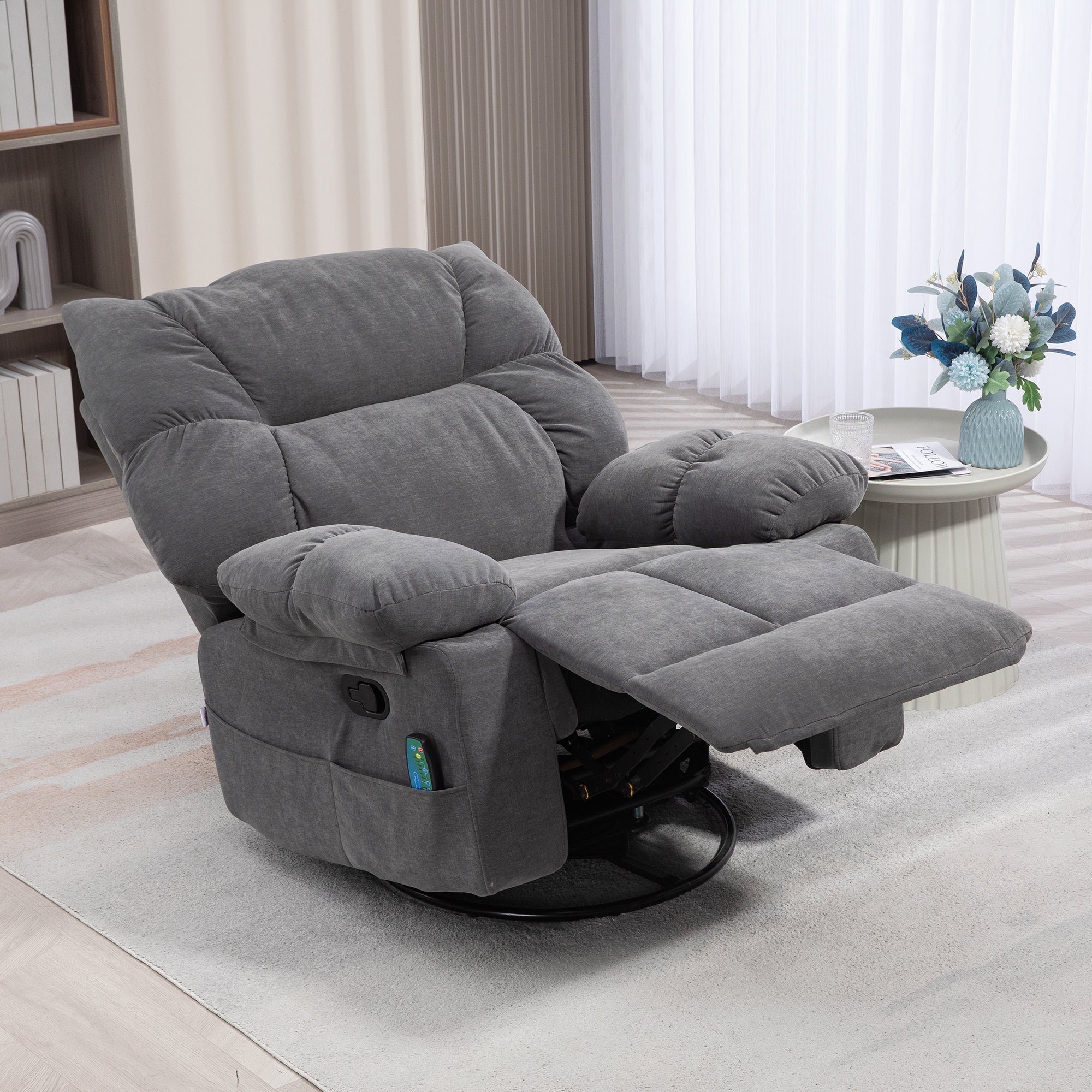 Reclining Massage Armchair with Heat, Oversized Swivel Rocker with Footrest Remote and 4 Side Pockets, Dark Gray