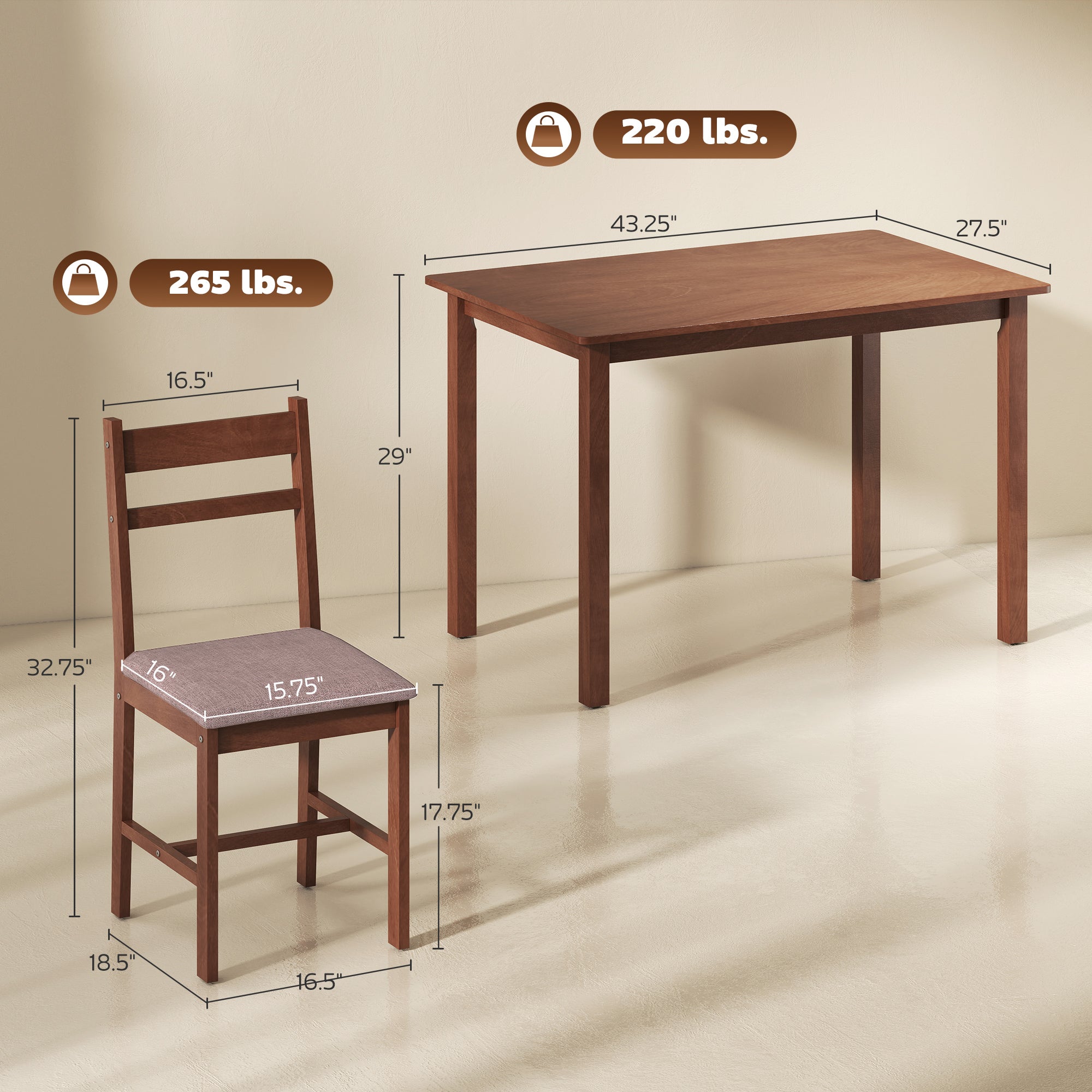 5-Piece Solid Wood Dining Table Set for 4, Farmhouse Kitchen Table with Upholstered Chairs for Small Space, Dining Room, Breakfast Nook, Light Brown and Brown