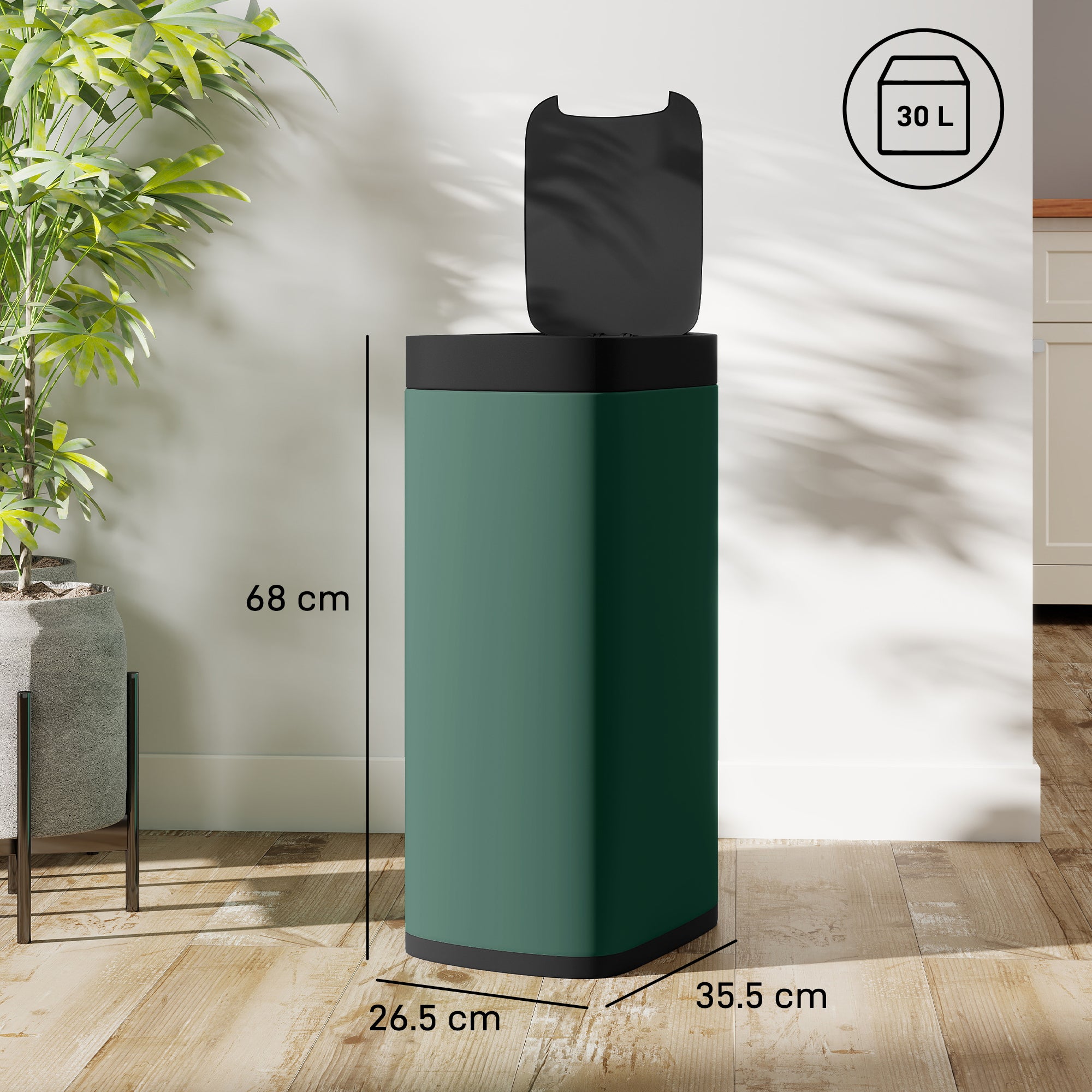 50L Sensor Bin, Automatic Touchless Kitchen Bin with Motion Sensor, Manual Override, Battery Operated, Fingerprint-Resistant, Inner-Bucket-Free, for Kitchen, Bedroom, Home Office, Dark Green