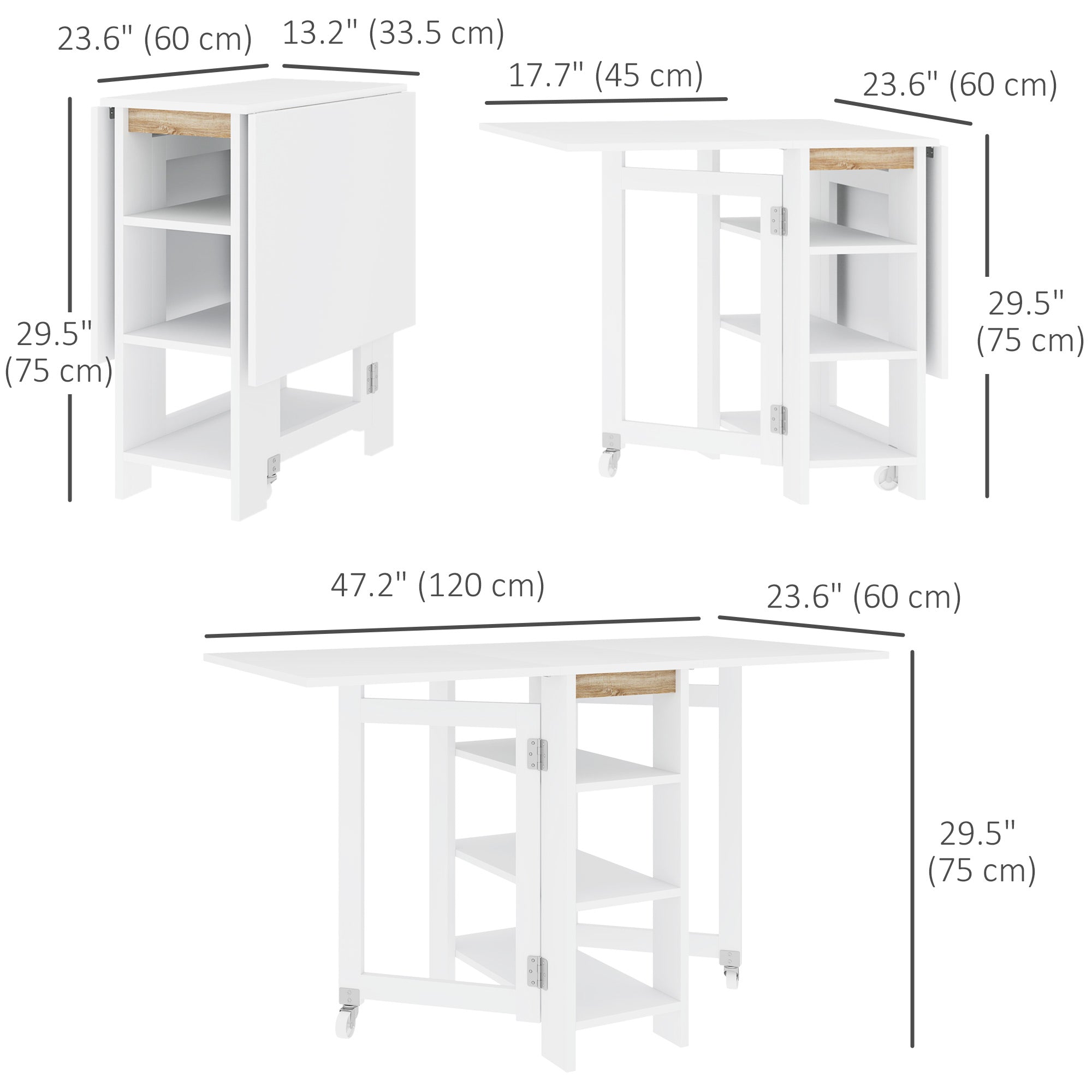 HOMCOM Folding Dining Table, Drop Leaf Table for Small Spaces, Foldable Table with Storage Shelves for Kitchen, Dining Room, White