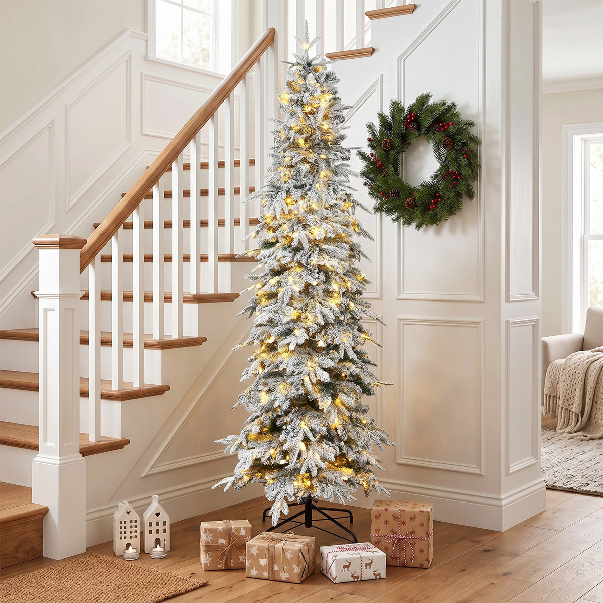 7ft Prelit Flocked Christmas Tree, Artificial Pencil Hinged Xmas Tree with Slim Downswept Shape, 350 Warm White LED Lights, 8 Modes, Daily Timer, 800 Tips, Remote, Steel Stand, Green White