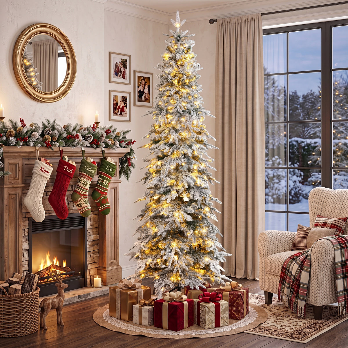 7ft Prelit Flocked Christmas Tree, Artificial Pencil Hinged Xmas Tree with Slim Downswept Shape, 350 Warm White LED Lights, 8 Modes, Daily Timer, 800 Tips, Remote, Steel Stand, Green White