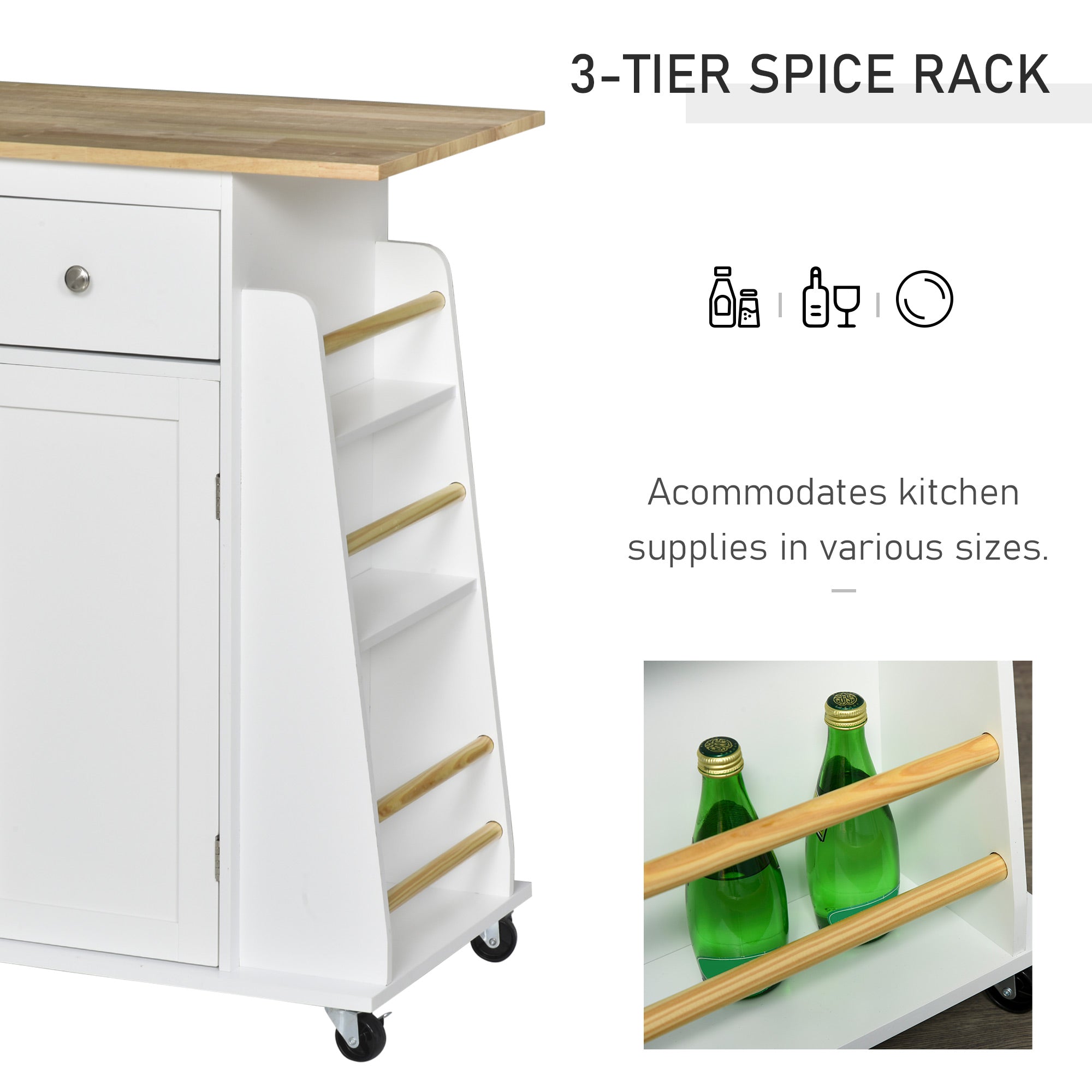 HOMCOM Rolling Kitchen Island Trolley Storage Cart with Rubber Wood Top, 3-Tier Spice Rack, Towel Rack Home Kitchen Carts, White